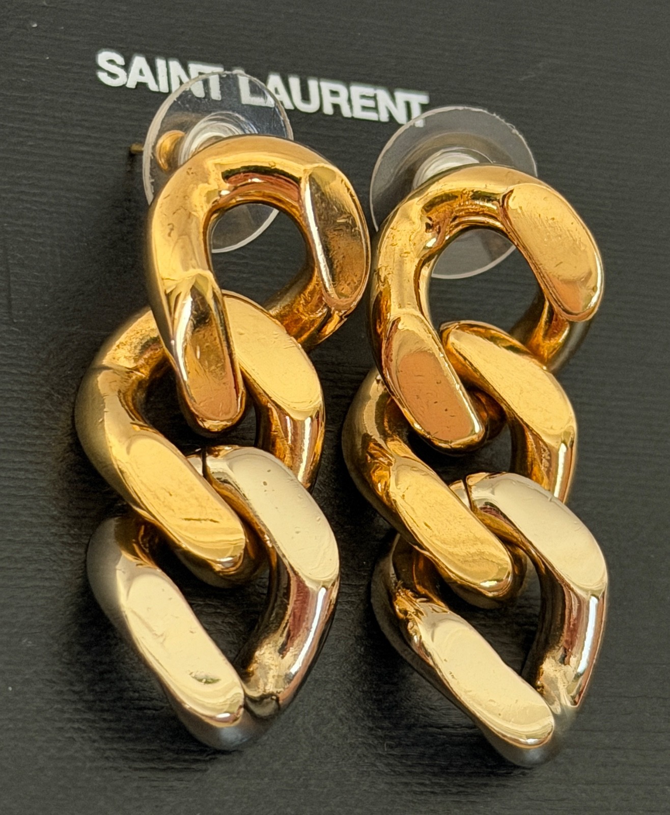 NIB Saint Laurent YSL Triple Curb Chain Link Antique Gold Drop Earrings $795