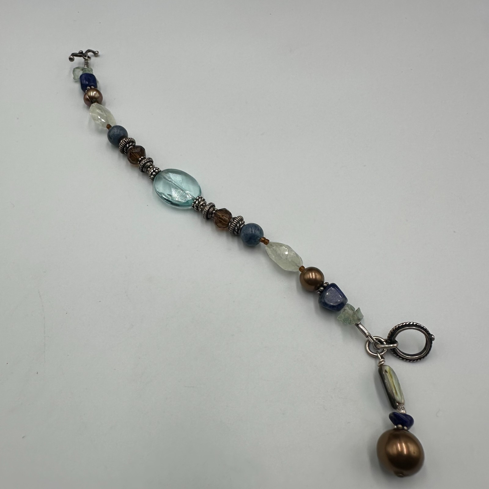 Artisan Beaded Bracelet Blue Brown Glass Beads Sterling Silver Toggle 7″