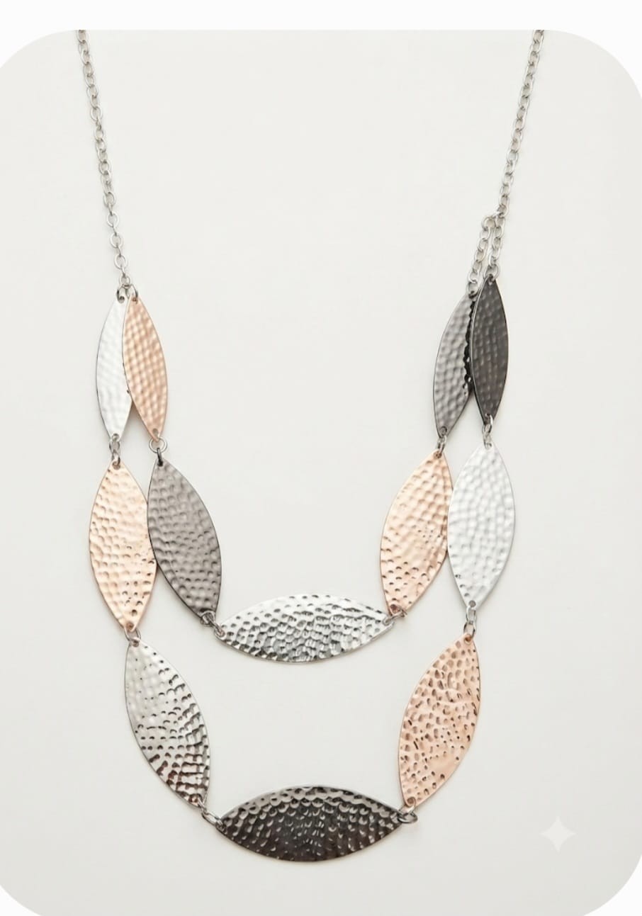 Chic Hammered Multi Metal Leaf Layered Necklace Layer Statement Chain Jewelry