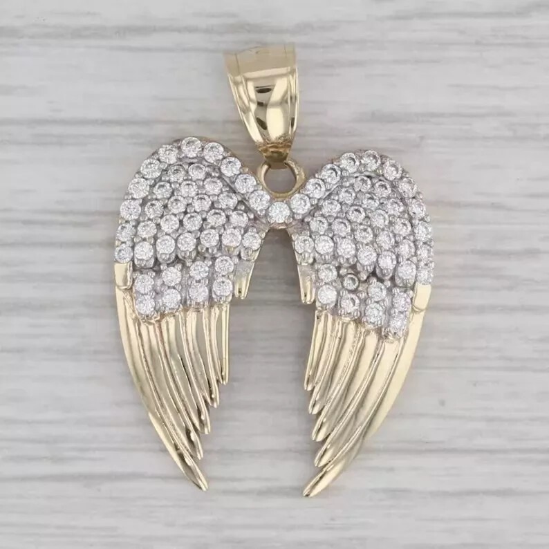Round Cut Simulated Diamond Angel Wing Pendant Free Chain 14k Yellow Gold Plated