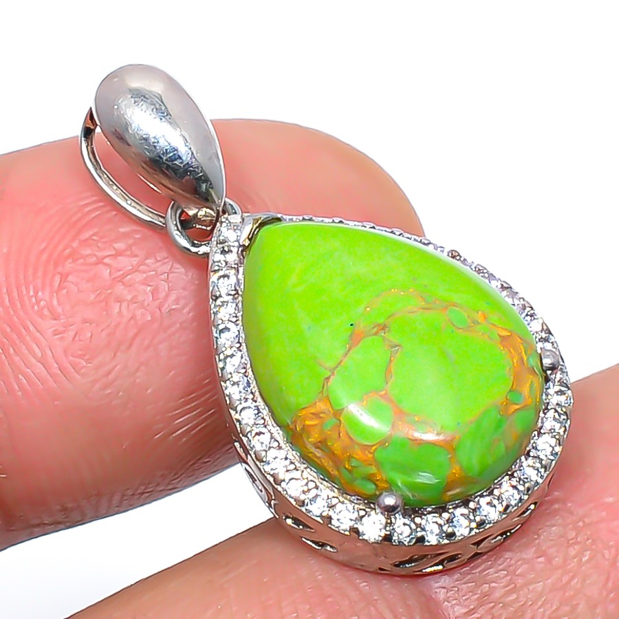 Copper Green Turquoise & Cz 925 Sterling Silver Pendant 1.2″ S2688
