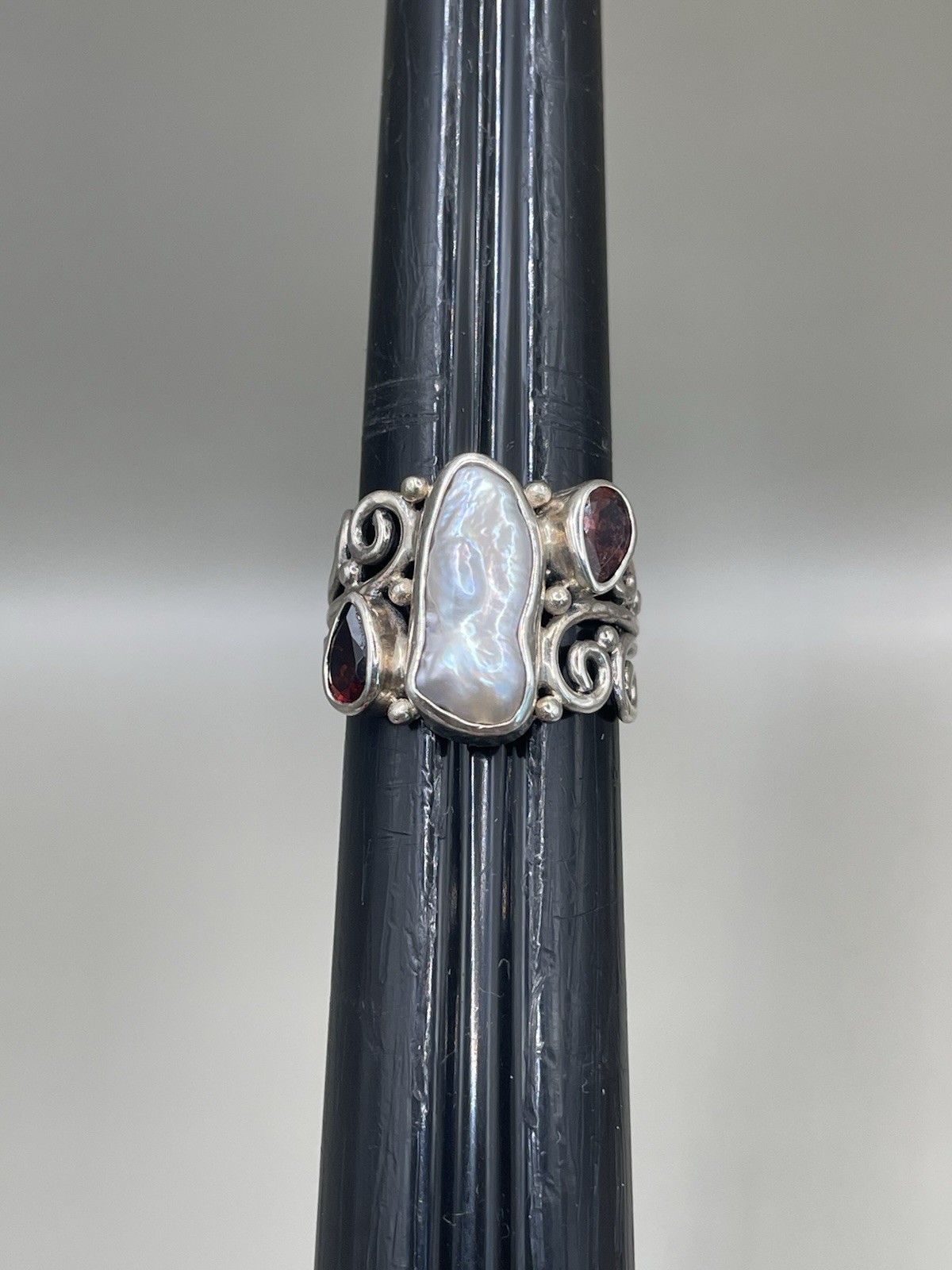 Sterling Silver 925 Signed ATI Pearl Garnet 6.5 Women’s Statement Ring