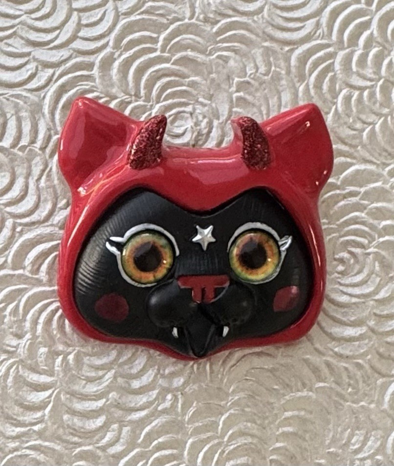 Black Cat / Red Devil Costume Halloween brooch pin / enamel on metal
