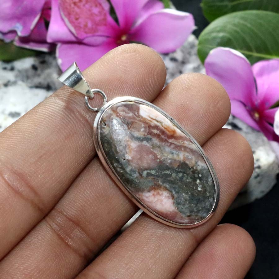 Pyrite In Rhodochrosite 925 Silver Plated Pendant 2″ Casual Wear Gift Trendy JW