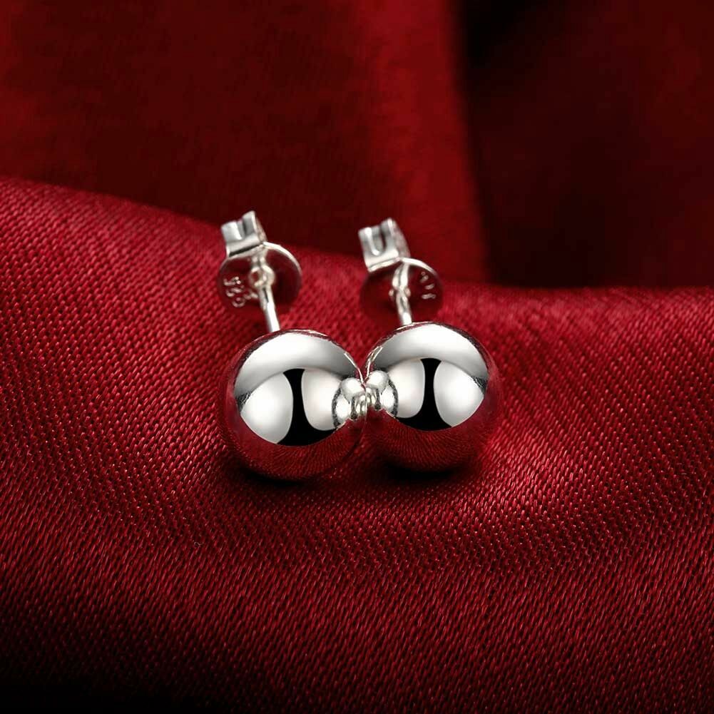 925 Sterling Silver Filled Classic Solid 10MM Ball Bead Stud Earrings Womens