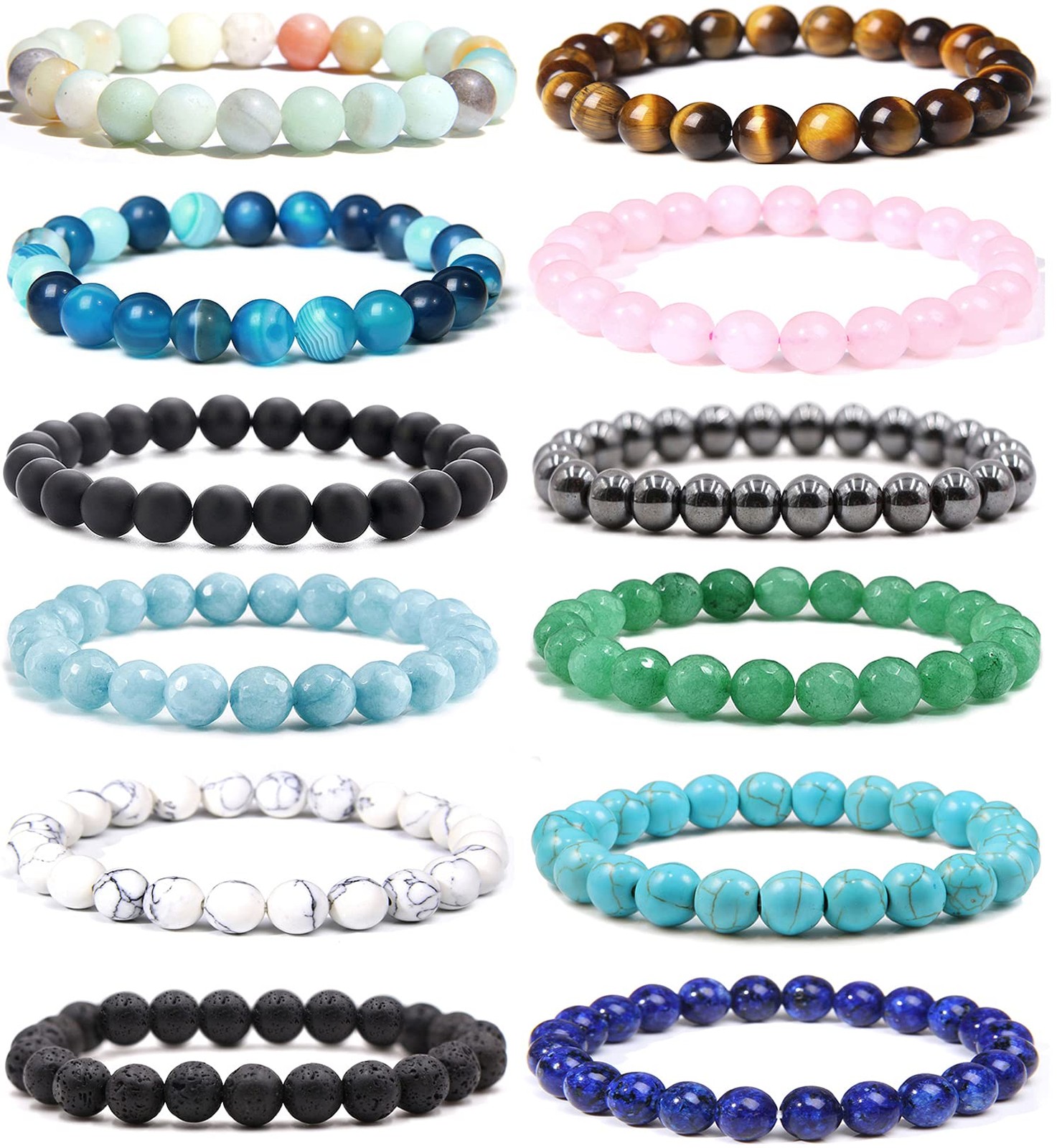 12Pcs Natural Stone Beaded Bracelets for Women Men Semi-Precious Gemstones Br…