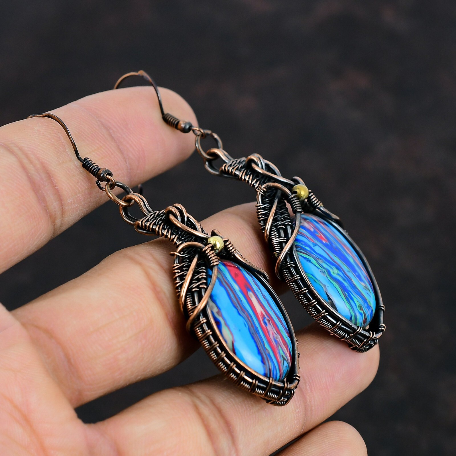 New Year Deal Rainbow Calsilica Stone Copper Drop Dangle Wire Wrapped Earrings