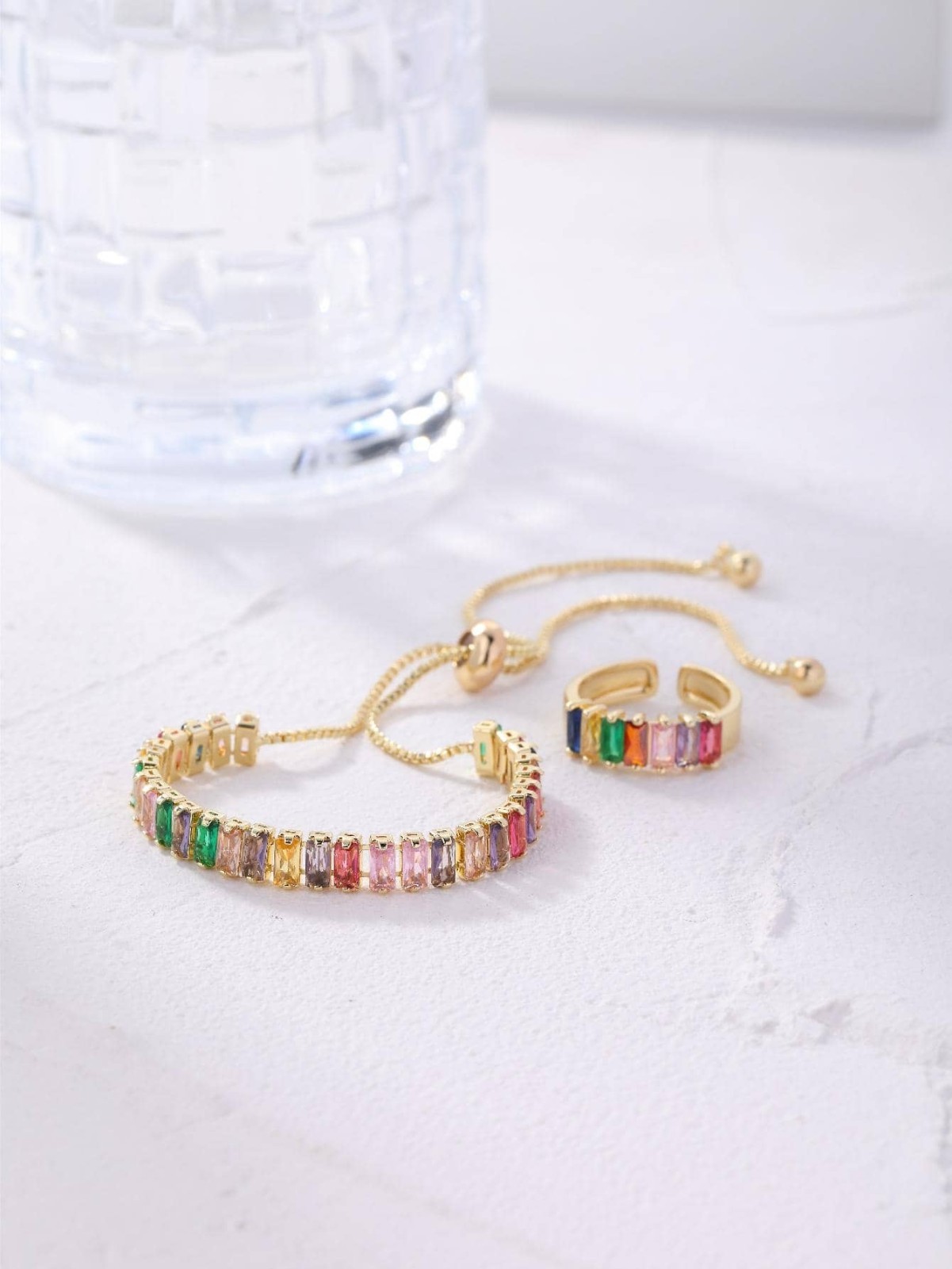 2Pc Women Rainbow CZ Gold Tone Adjustable Slider Bracelet Ring Jewelry Gift Set