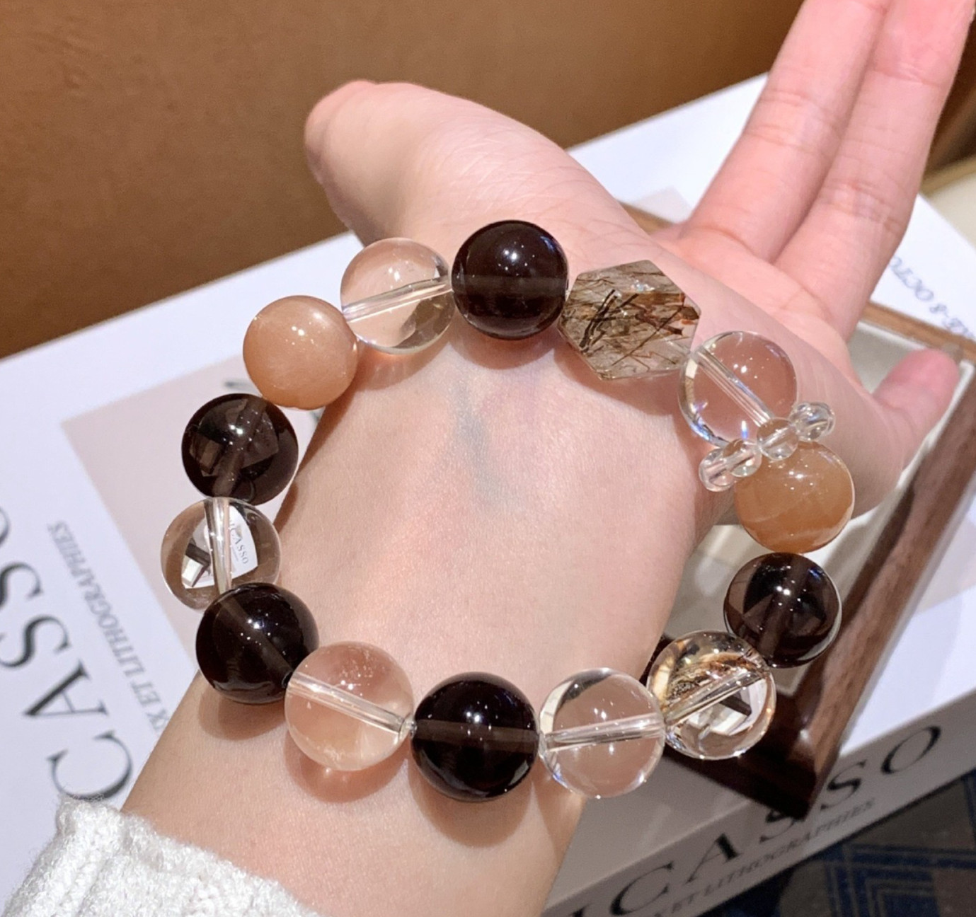Natural White Crystal Smoky Crystal 12-14mm Beaded Stretch Bracelet Gift