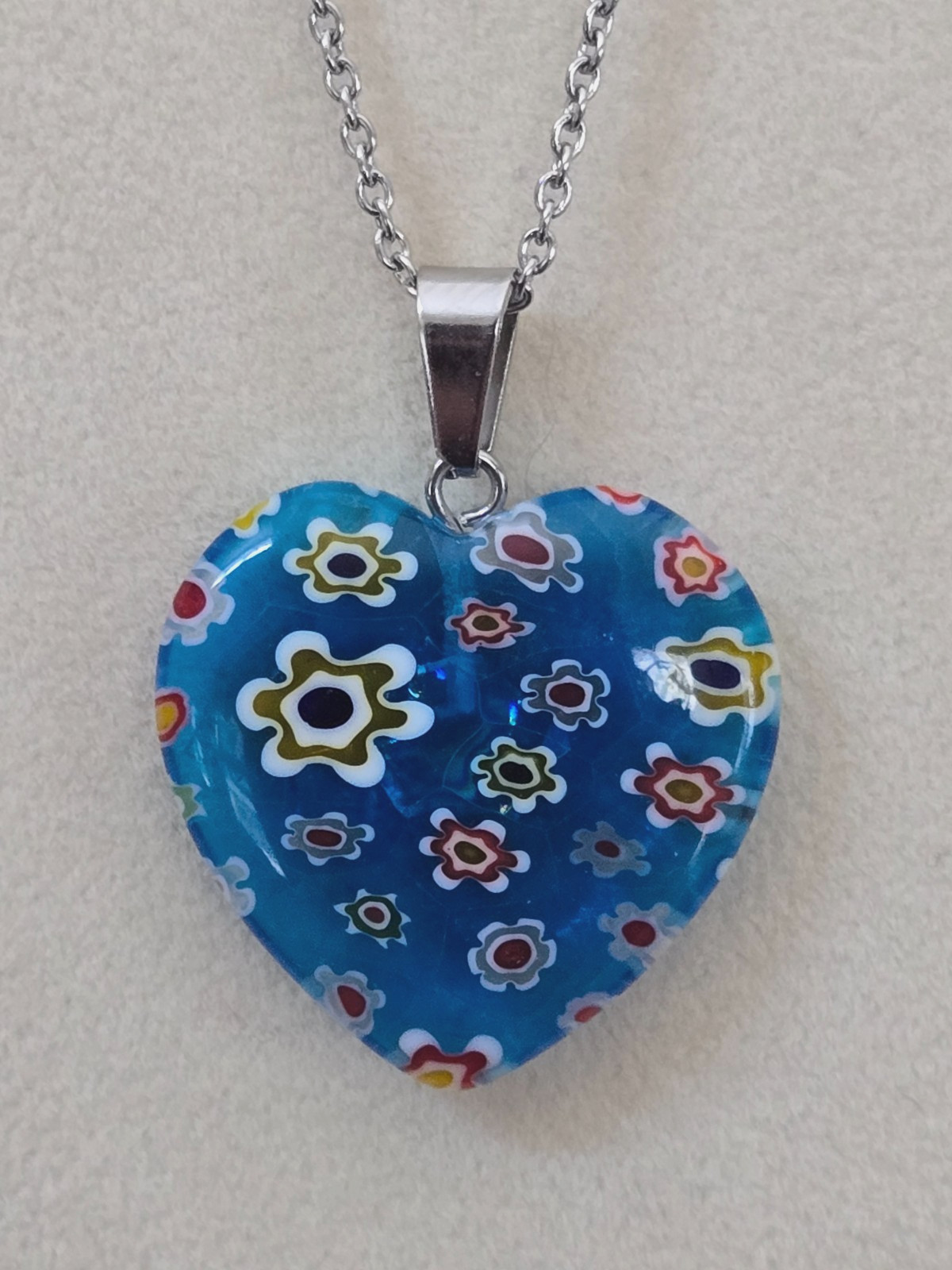 Murano Millefiori Glass Heart Pendant in Stainless Steel, 20 In.-Choose Color
