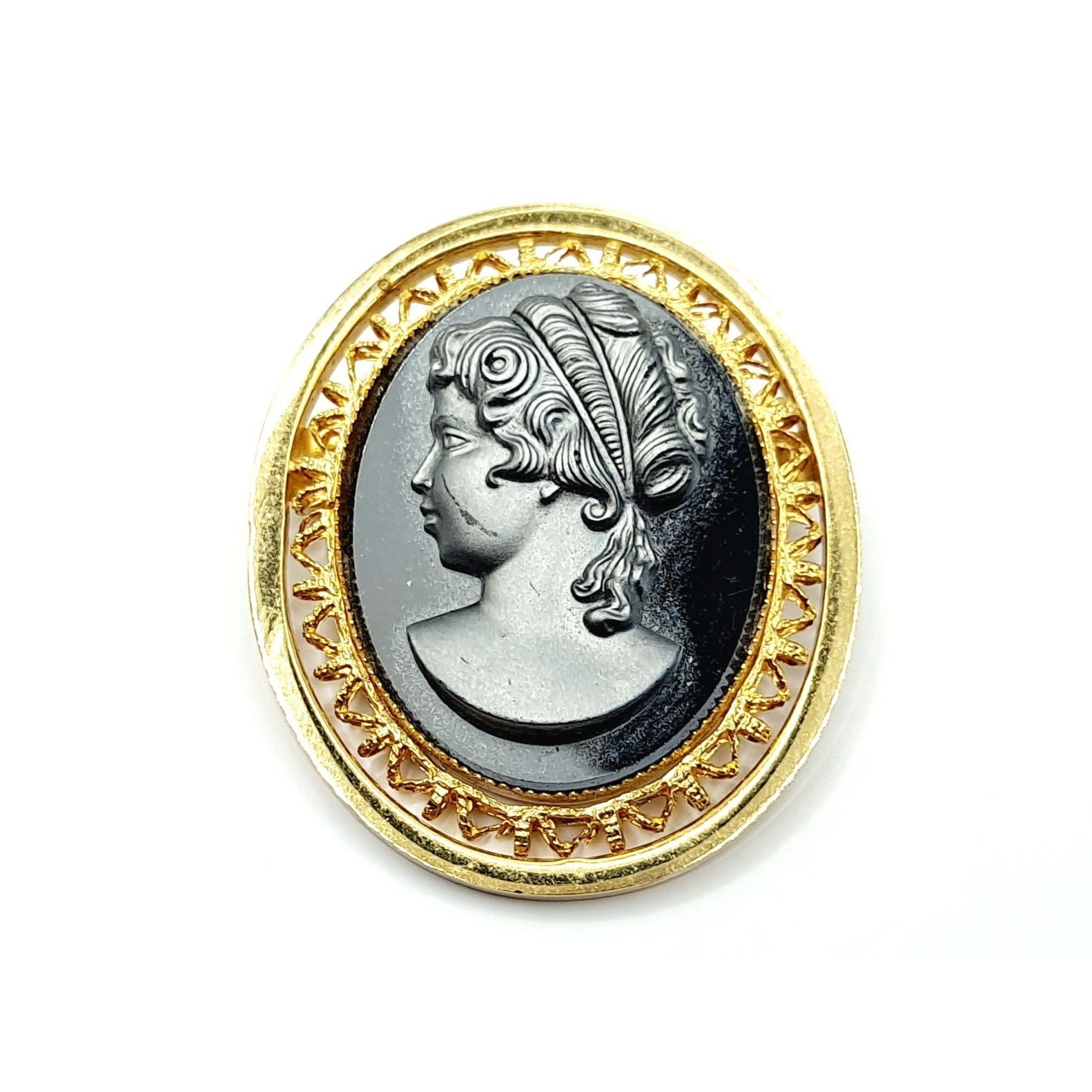 Vintage Black Glass Cameo Brooch: Goldtone Victorian Revival Jewelry