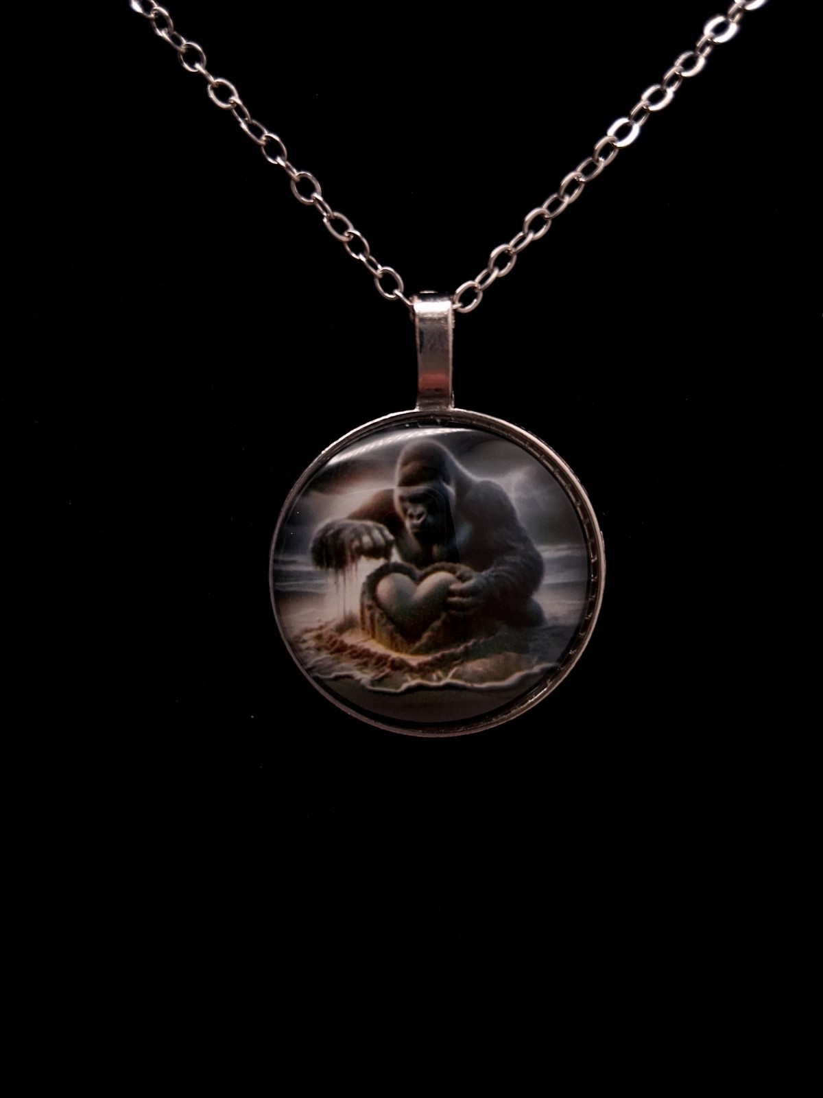 Gorilla Heart Love Cabochon Pendant Necklace Wildlife Nature Gift Silver Toned