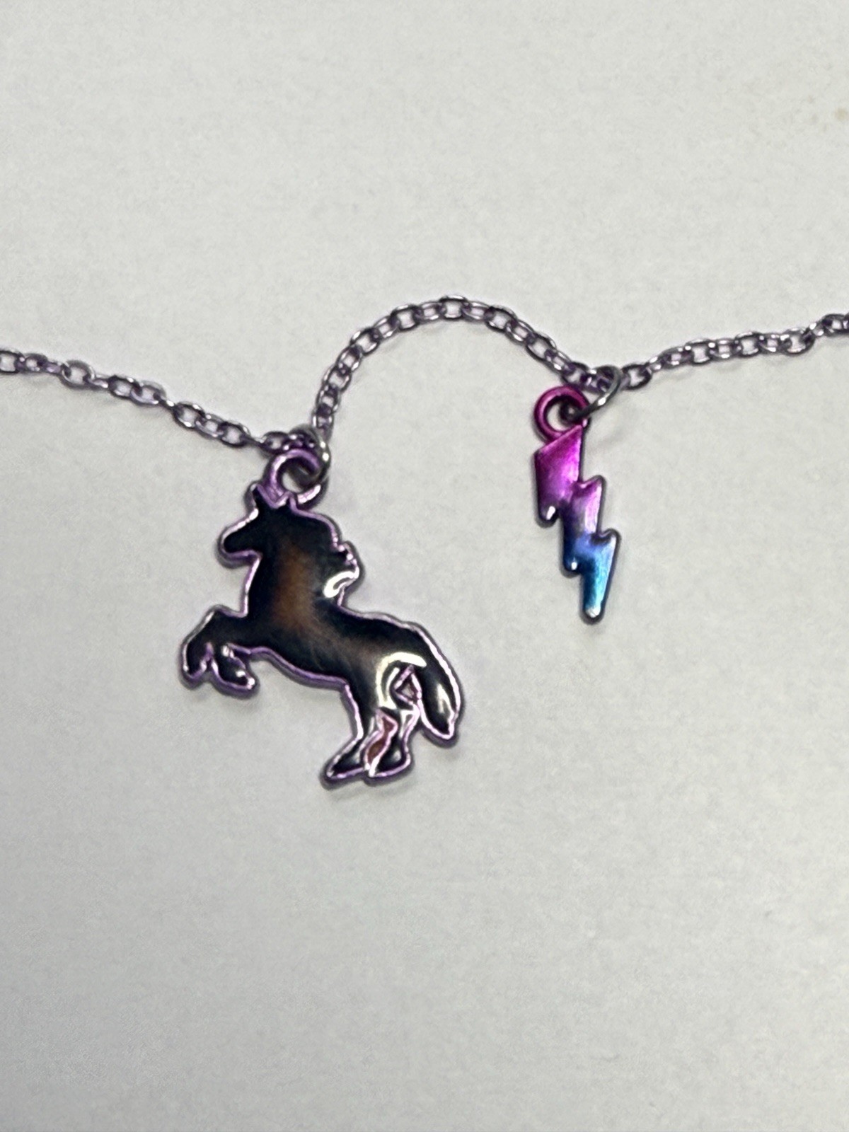 Unicorn Charm Pendant Necklace Silver-Tone Cable Chain Black Purple Accents