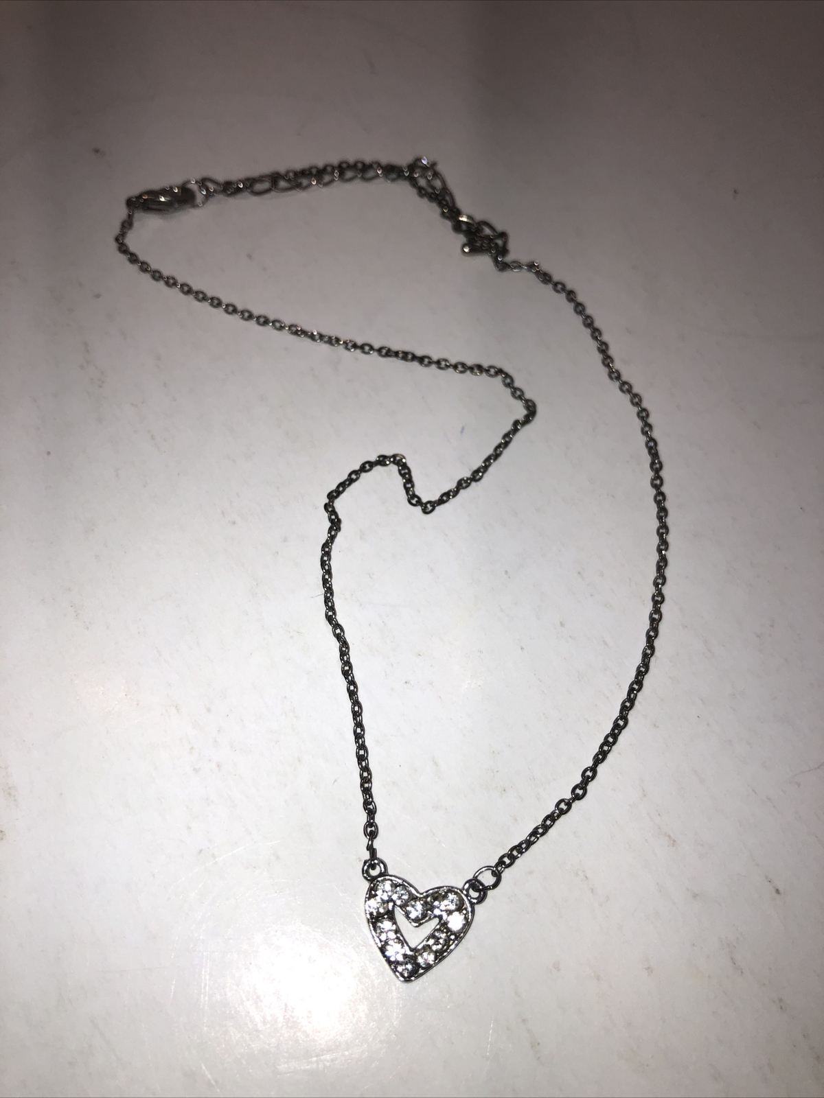 Clear Stones Heart Pendant Necklace 14 to 17 inches Silver Tone