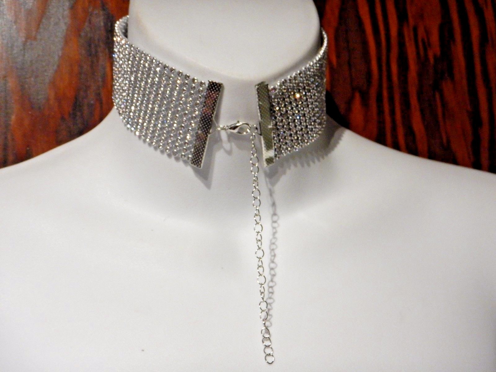 CLEAR CRYSTAL RHINESTONE COLLAR silver-tone wide vinyl choker necklace band 4A
