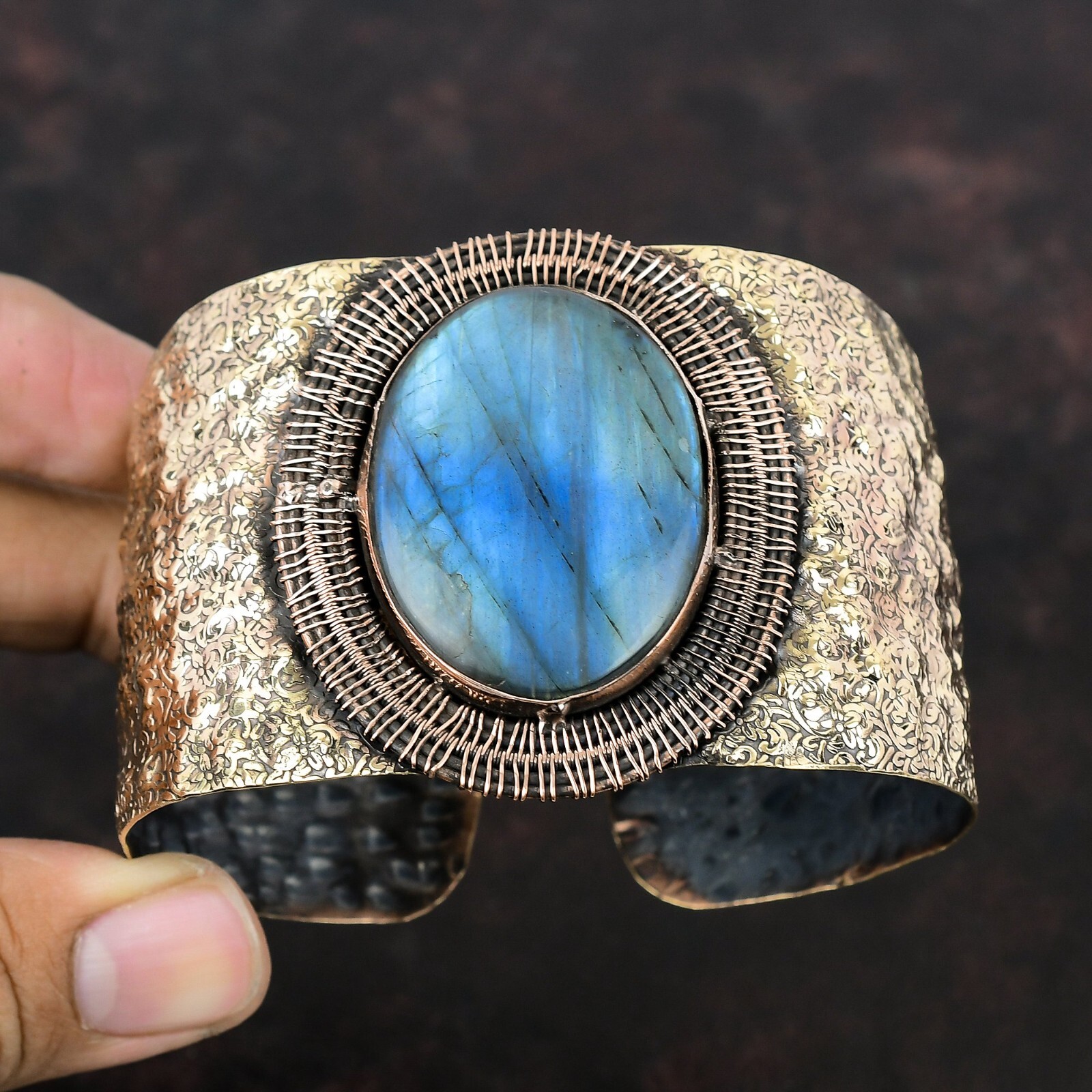 Gift For Her Copper Labradorite Gemstone Jewelry Wire Wrapped Adjustable Bangle