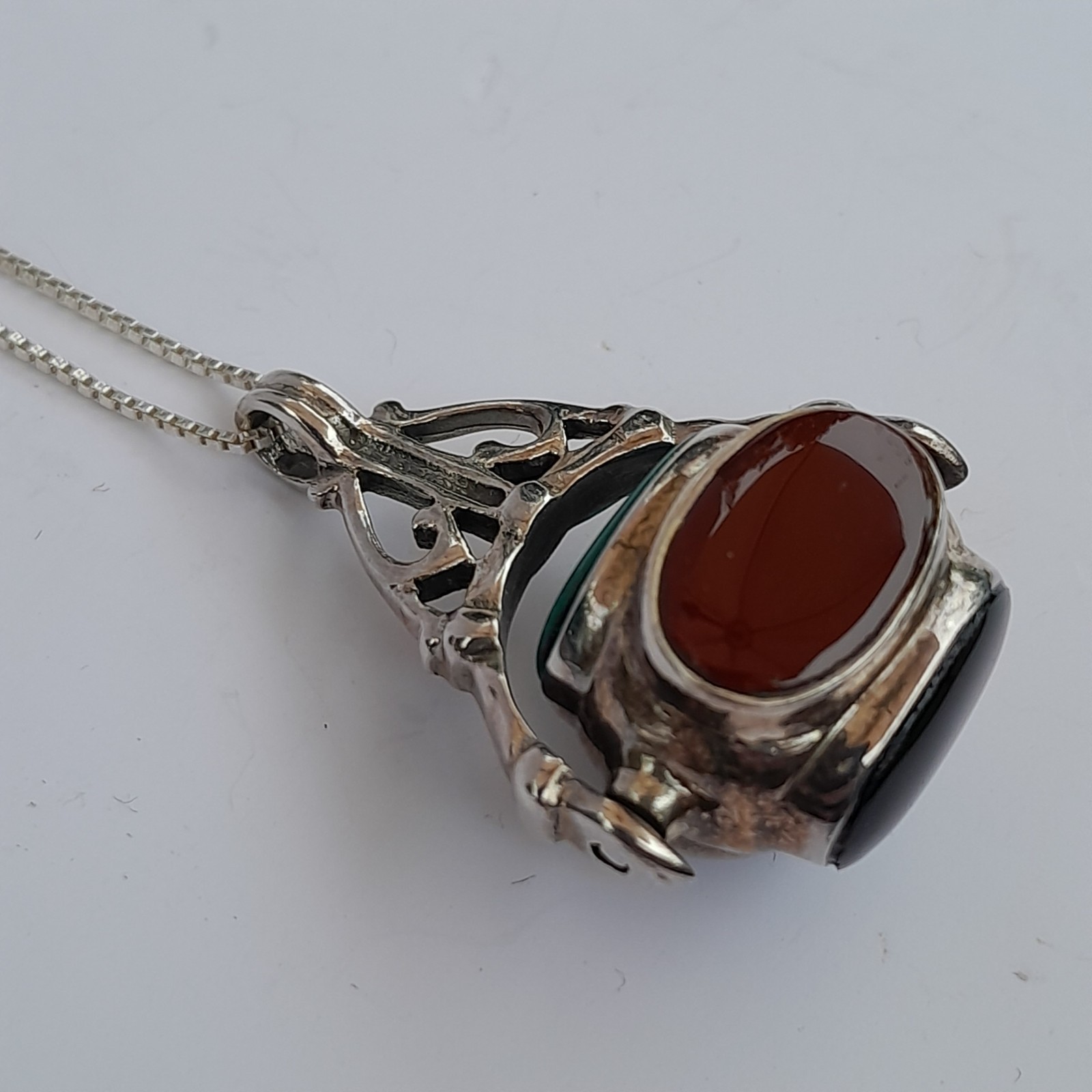Vtg Sterling Silver Four-Sided Spinner Fob Pendant Necklace Red Black Stone 925