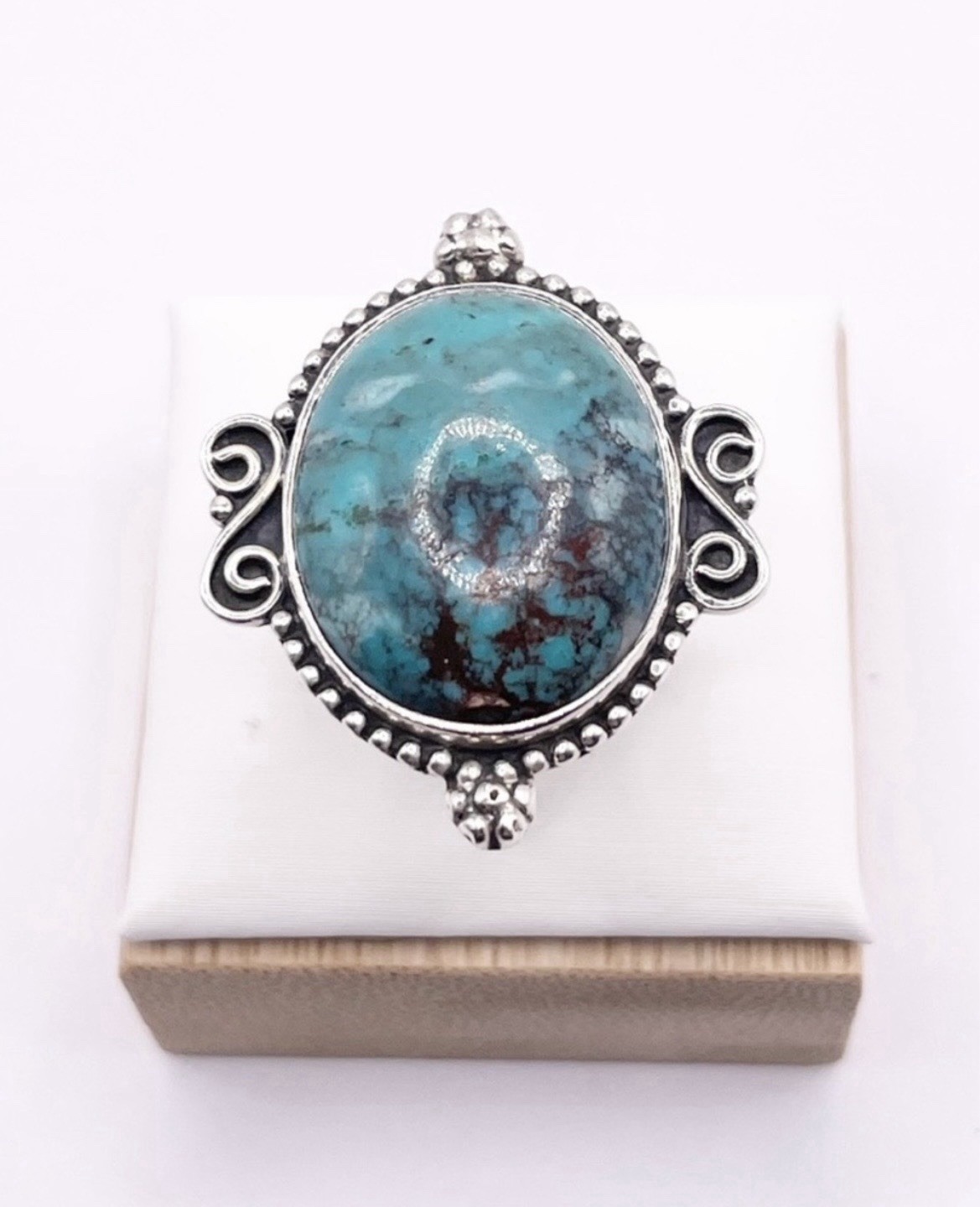 Tibetan Turquoise Oval Bezel Statement 925 Sterling Silver Ring Band Size 8.5
