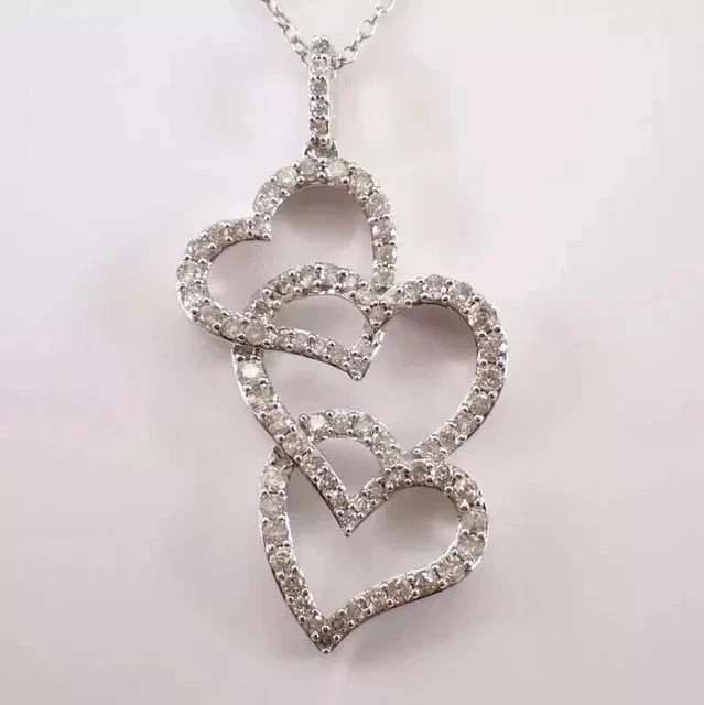 2Ct Round Simulated Diamond Three Heart Pendant Necklace 14K White Gold Plated