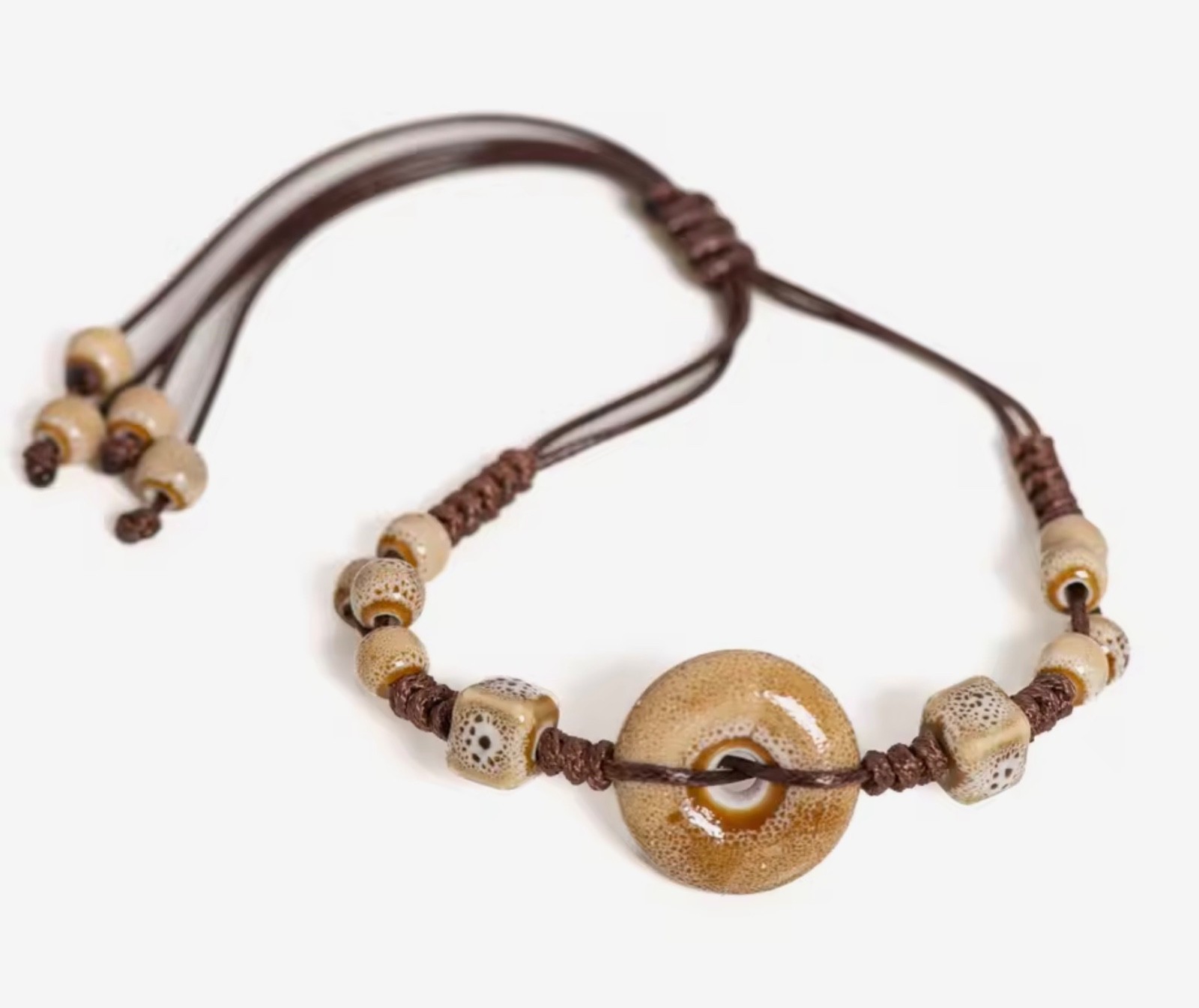 Boho Handmade Glazed Ceramic Peace Buckle Bracelet Adjustable Vintage Jewelry