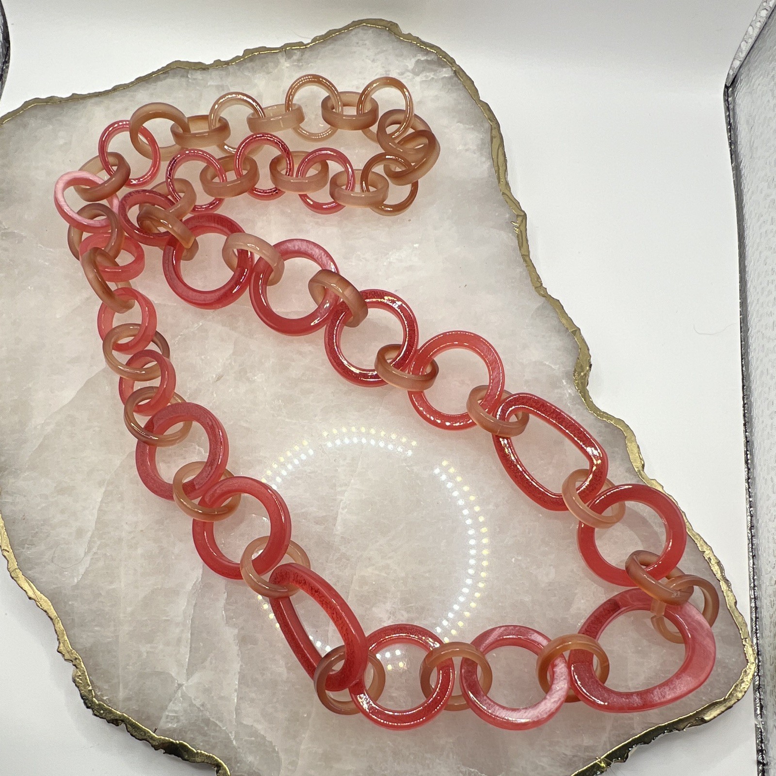 Pink & Beige Plastic Oval Link Chain Statement Necklace, No Stone