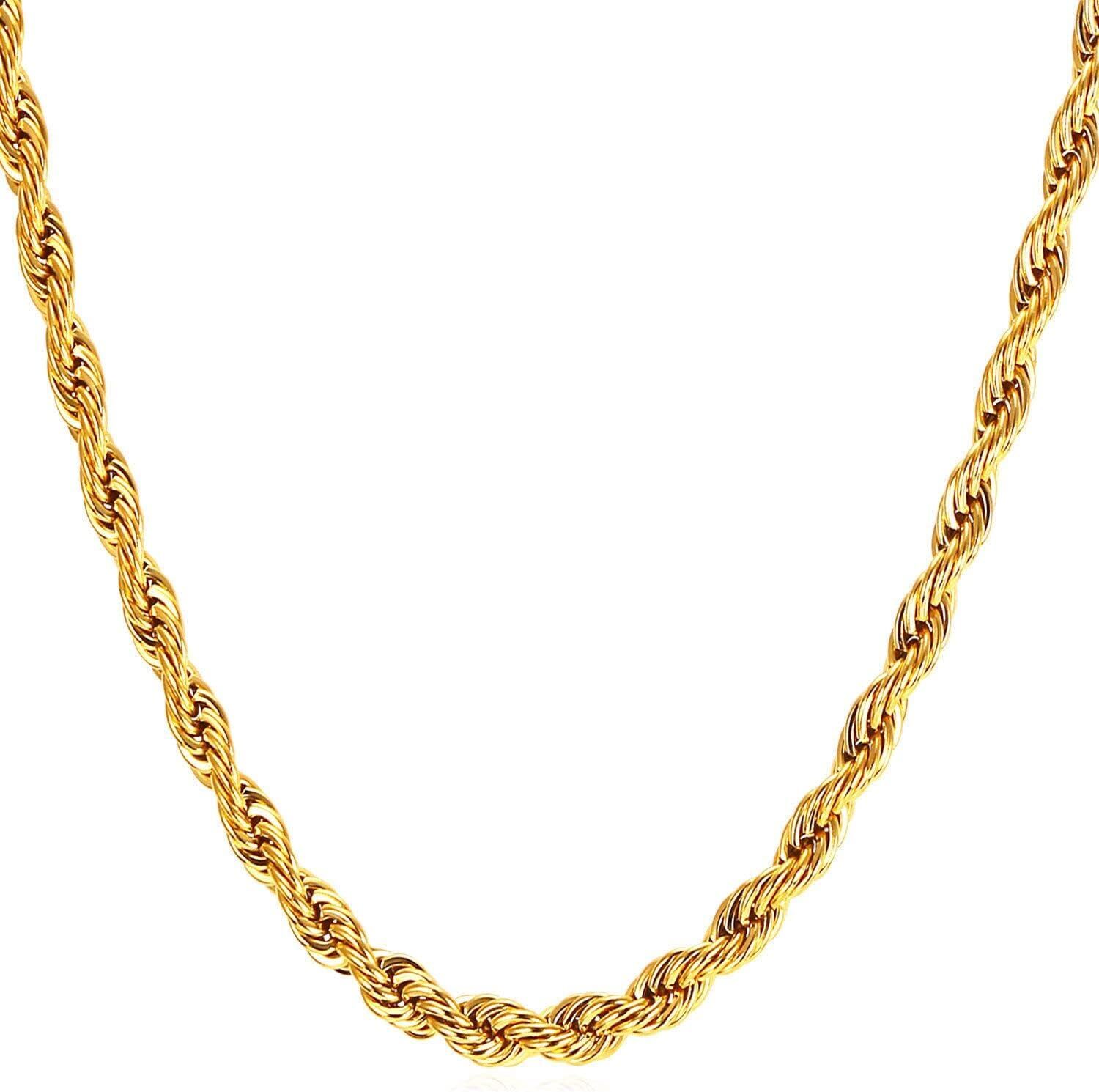 Rope Wheat Chain 3/4/5mm 24K Gold Plated Necklace for Wear Alone or with Pendant