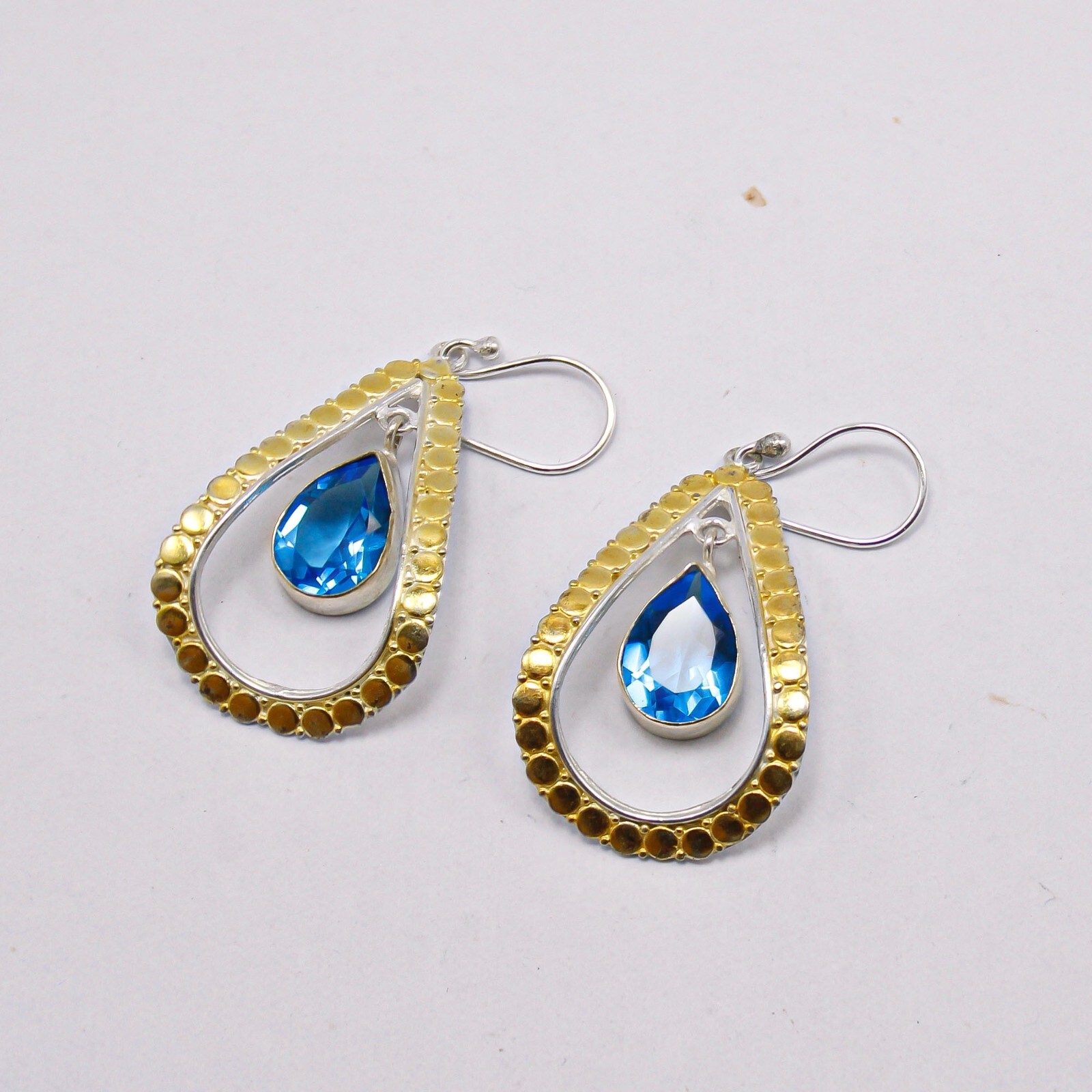 925 Silver Swiss Blue Topaz Gemstone Earrings Handmade Jewelry 2.27″ For Gift’s
