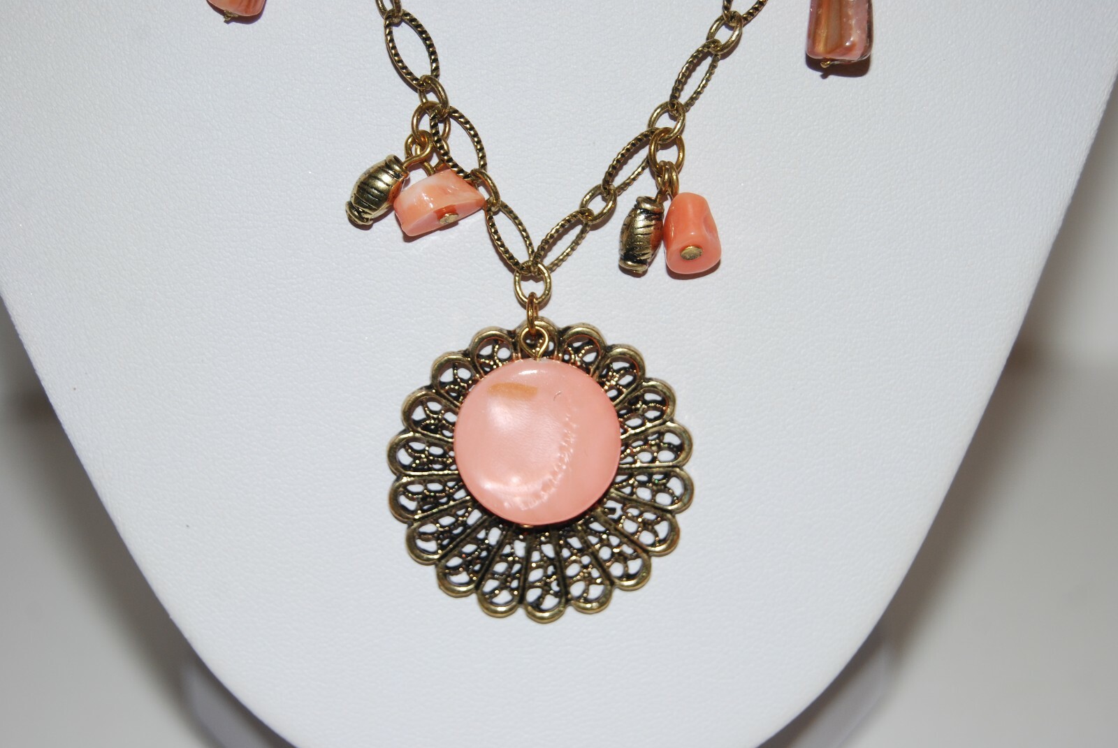 Gold Toned Metal Chain With Peach Color Stones & Charms Statement Long Necklace
