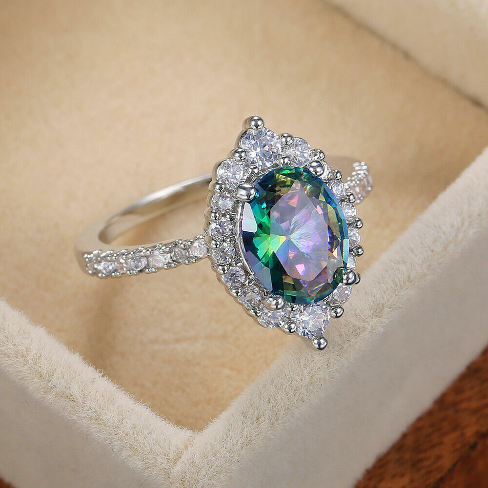 925 Sterling Silver Rainbow Mystical Fire Topaz Wedding Engagement Ring Size 8