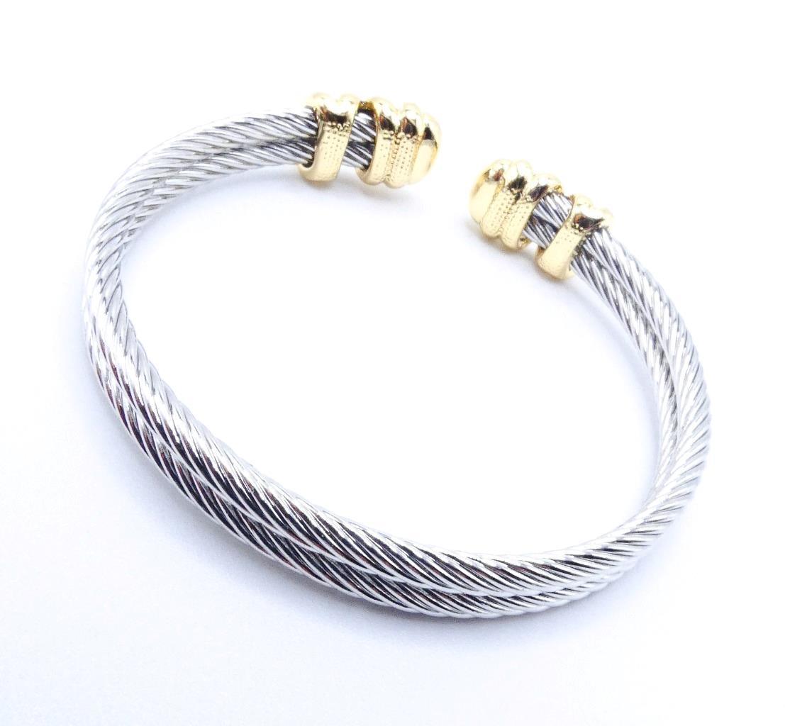 LUXURIOUS 18kt Gold Plated Crisscross X End Tips Double Cable Cuff Bracelet