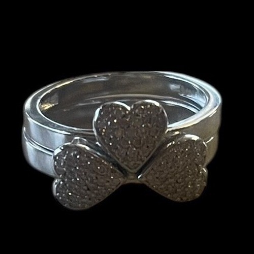 Pave’ Heart Stacking Ring Set 2 Piece Shimmering CZ Cluster Rings Silver Tone 7