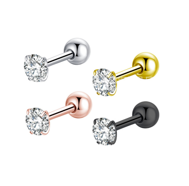 2Pcs Silver Gold Stainless Steel Round CZ Screw Back Stud Earrings for Women Men