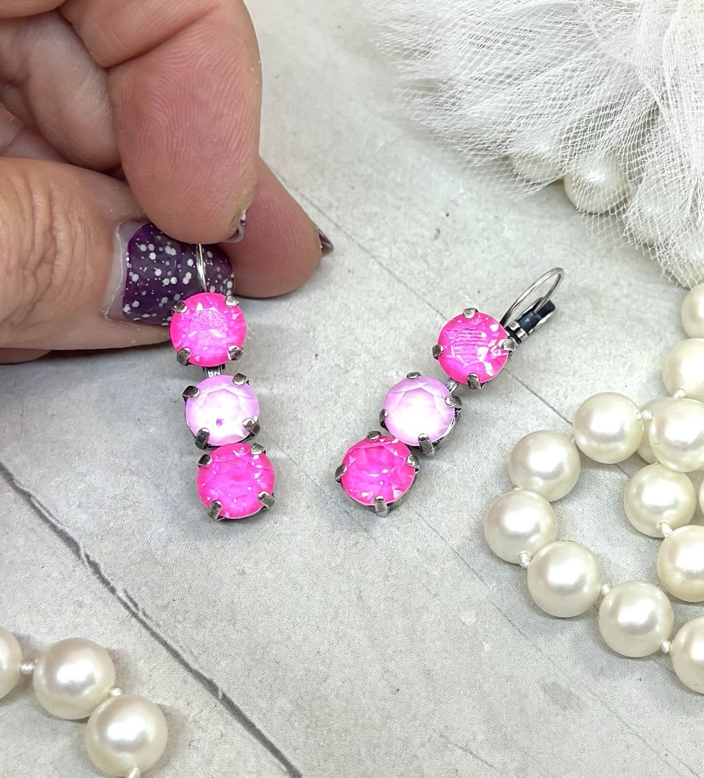 Antique Silver Plated Bubblegum Pink Cup Chain Triple Stone Drop Earrings, Neon
