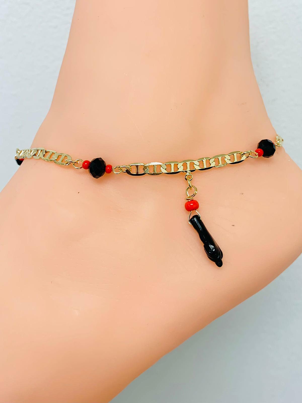 AZABACHE HAND MARINER ANKLET BRACELET 10″ 18K GOLD FILLED/ TOBILLERA DE AZABACHE