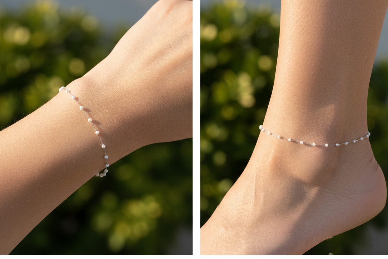 Elegant White Pearl Beaded Anklet 925 Silver Plated Minimalist Chain Anklet