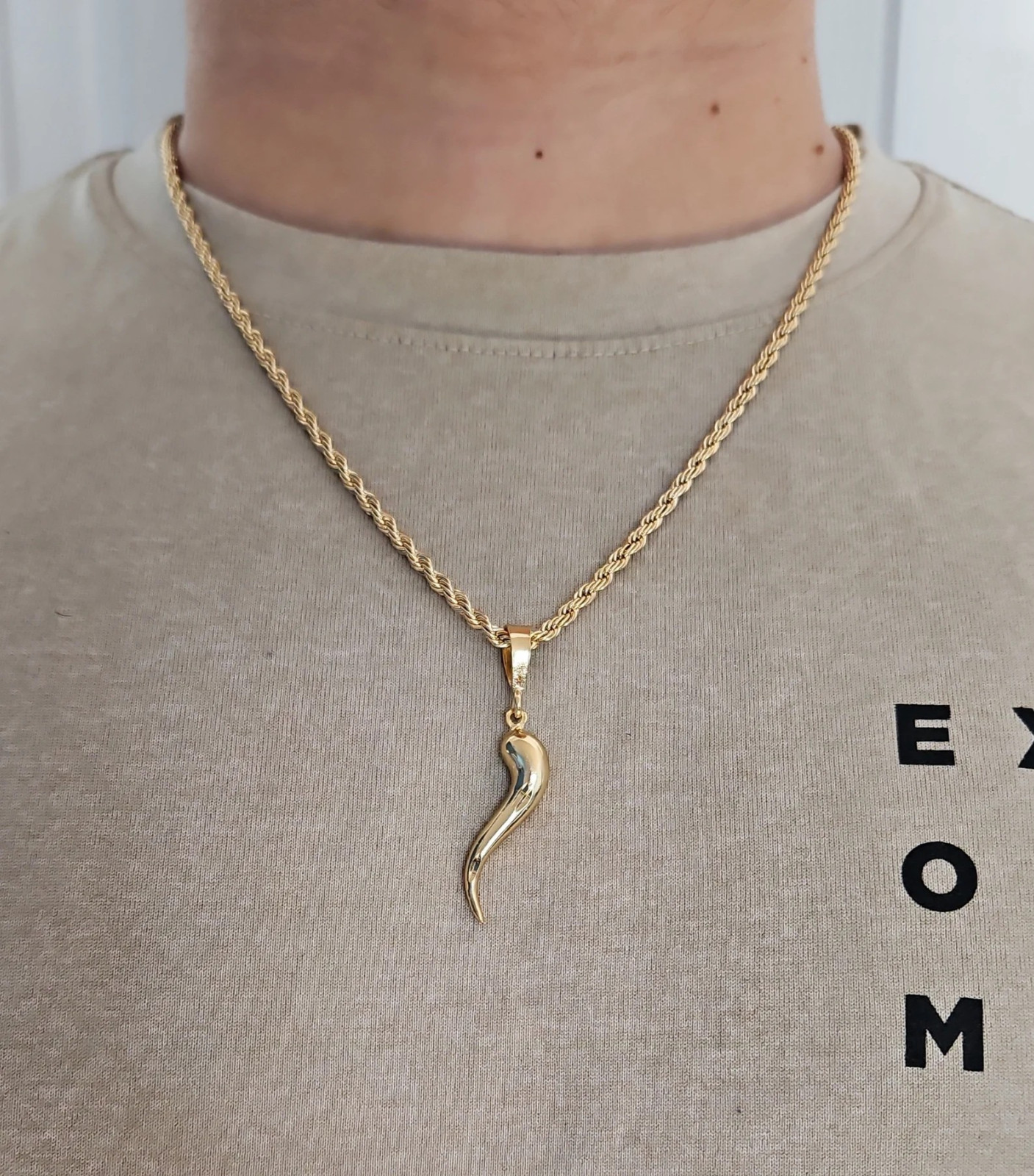 Gold Italian Horn Necklace For Men, 3.5mm Gold Rope Chain, Italian Horn Diamond