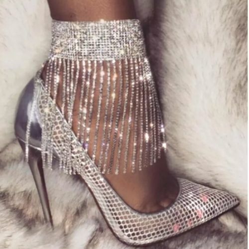Rhinestone Fringe Anklet Sexy Crystal Ankle Bracelet for Heels Tassels Sparkly