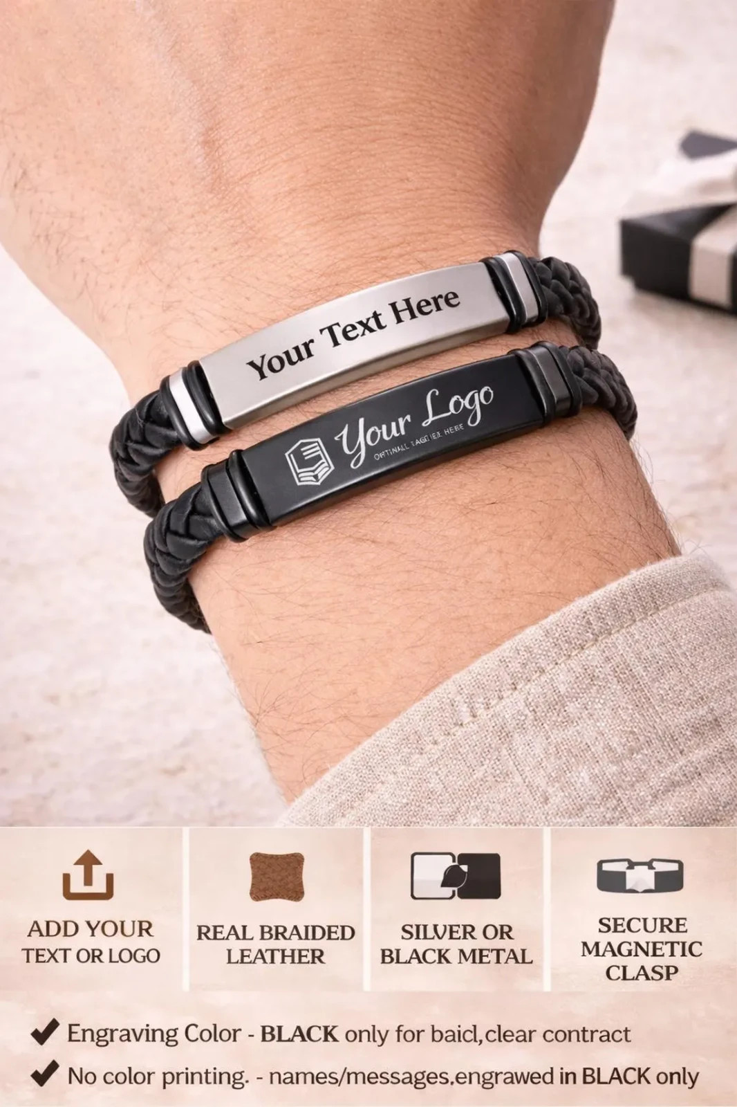 Custom Engraved Leather Bracelet – Personalized Men’s ID Bracelet with Name, Eye