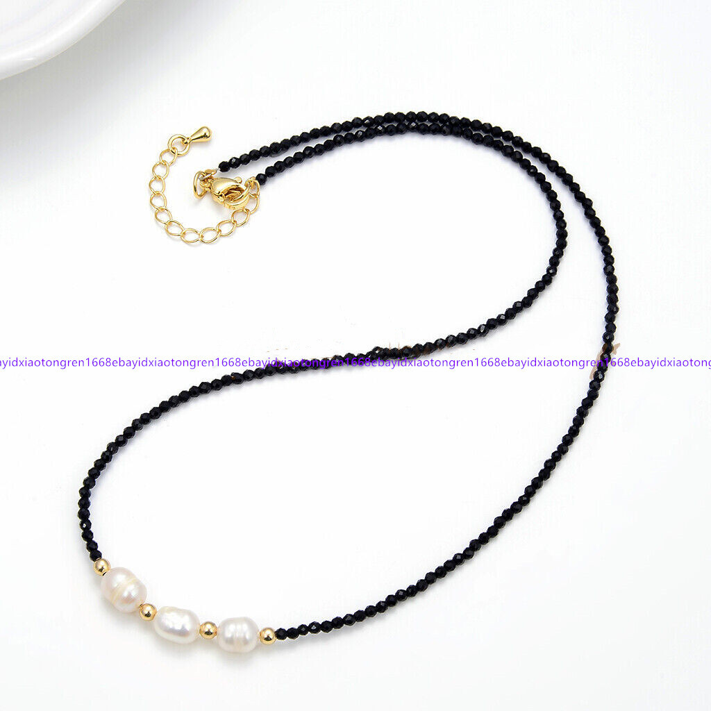3mm Faceted Black Spinel 8-9mm White Pink Black Rice Pearl Necklace 18-28 Inch