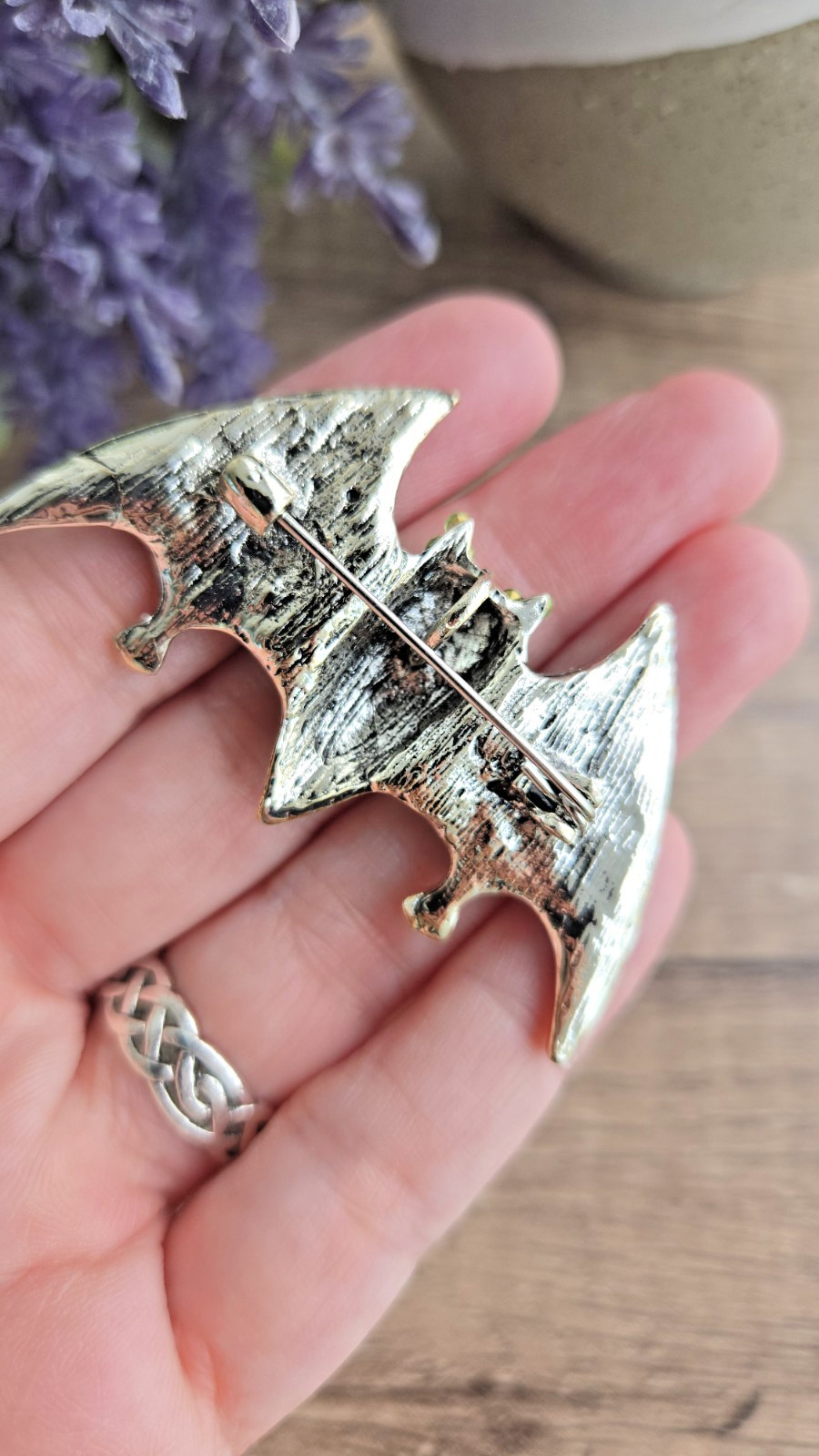 Bat Brooch Green Crystal Rhinestone Silver Tone Halloween Bat Pin