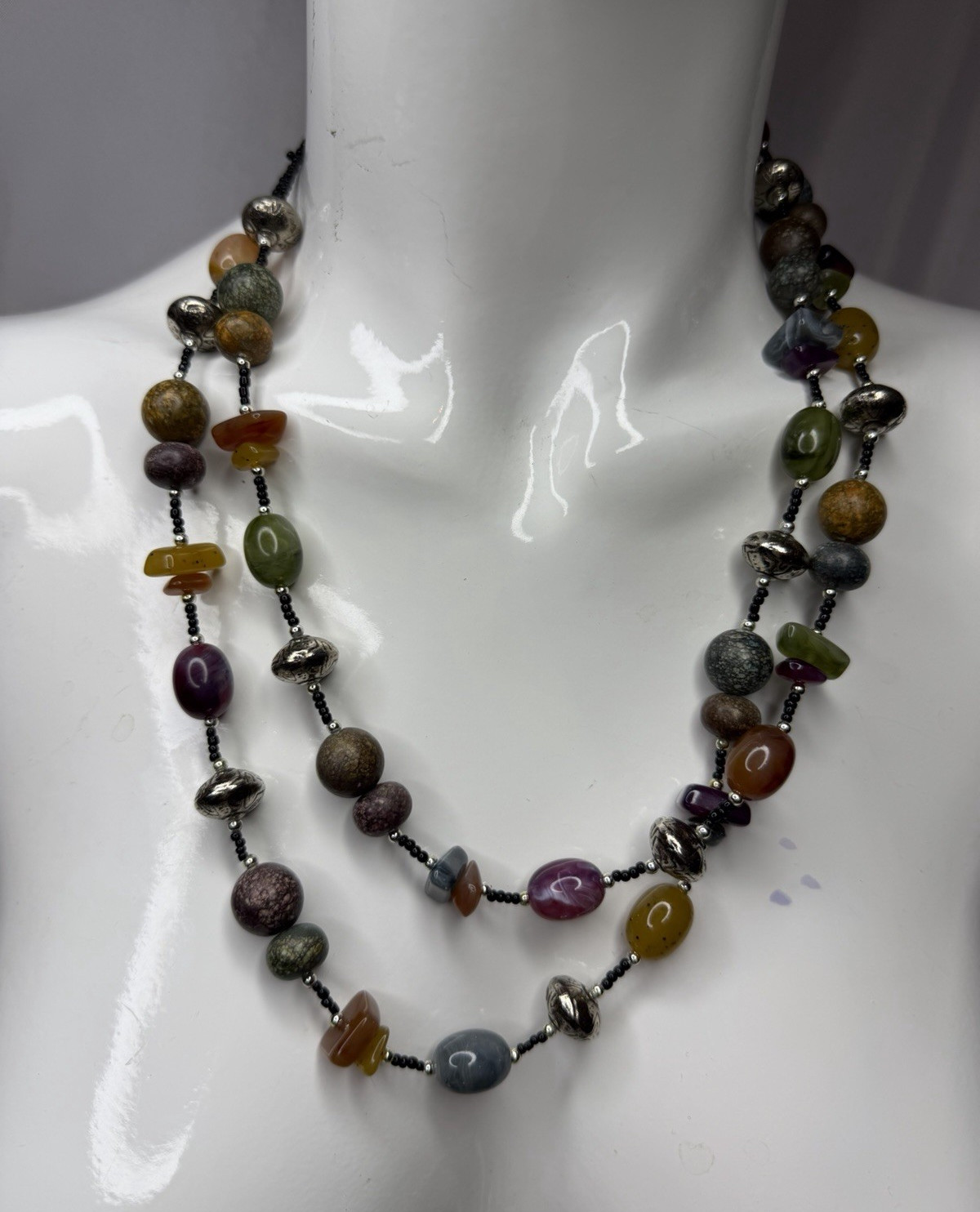 Multicolor Assorted Gemstone Beaded Multi-Strand Bohemian Necklace 25-30in