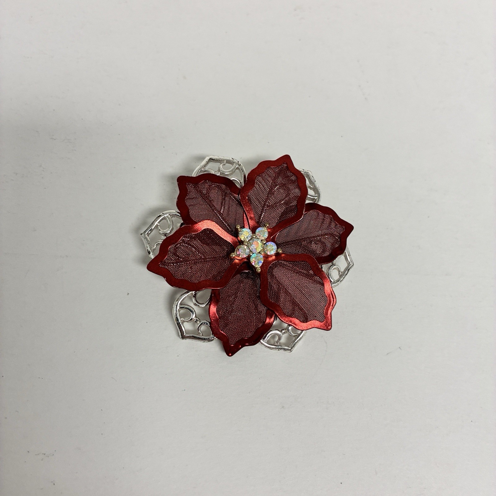Poinsettia Mesh Metal Brooch Pin, Enamel Red Silver Christmas Flower, 2-1/8 in