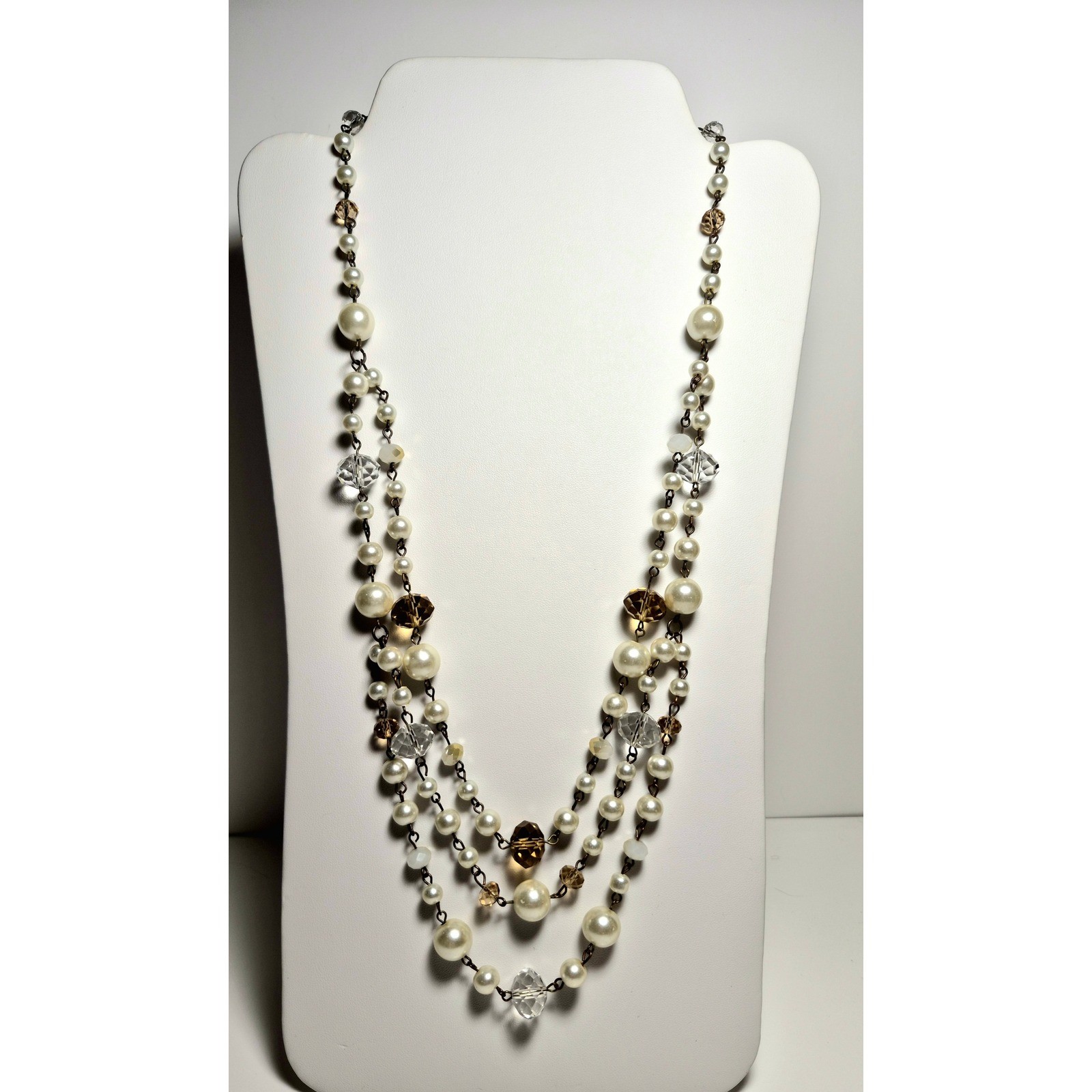 Vintage Style Multi Strand Faux Pearl and Crystal Bead Layered Necklace 14″ Long