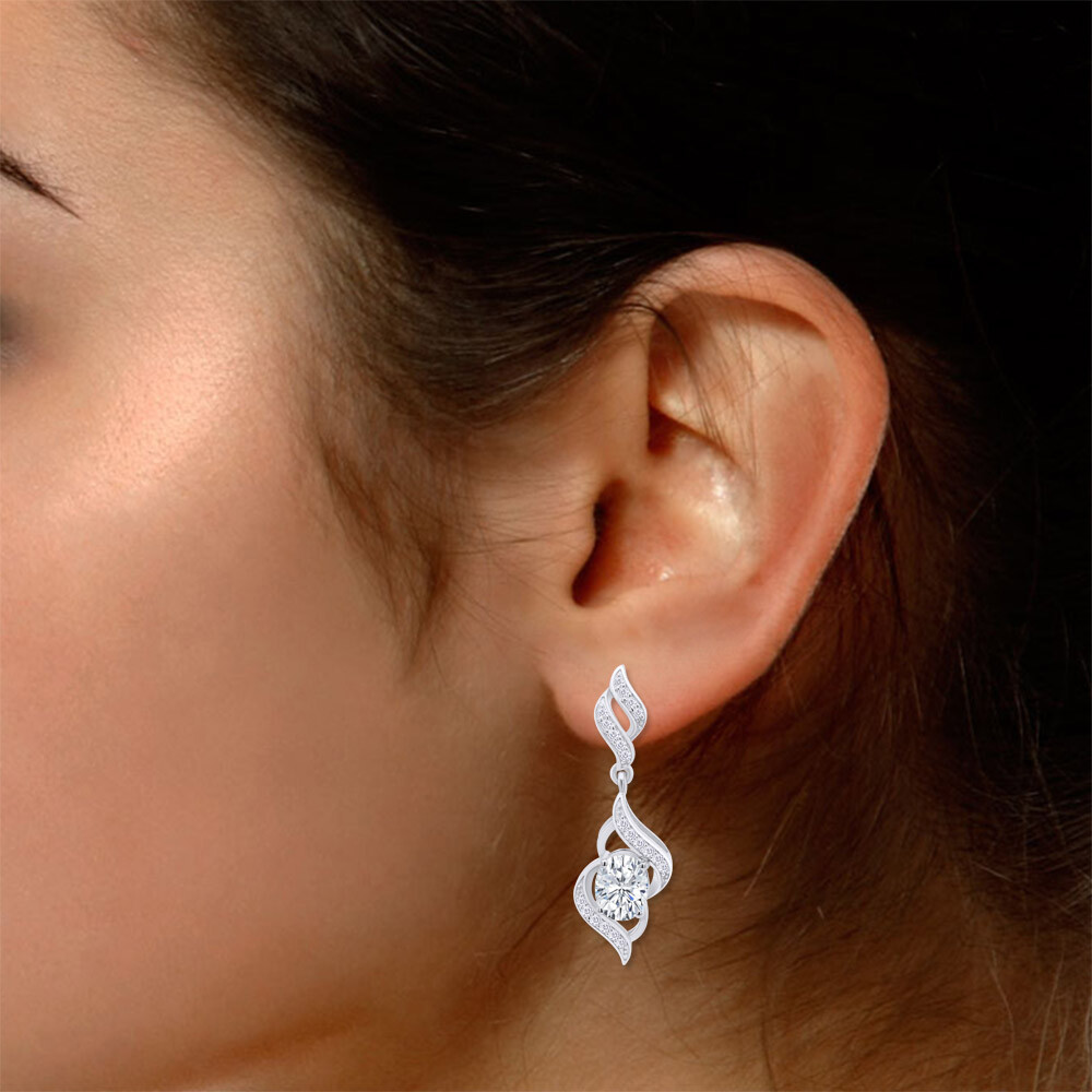 Swirl Dangle Drop Earrings Oval & Round Cut Cubic Zirconia 925 Sterling Silver