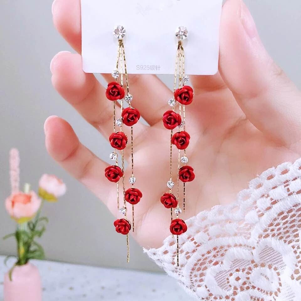 Red Rose Petal Tassle Earrings, Elegant Jewlery, Gift for Wife, Girlfriend
