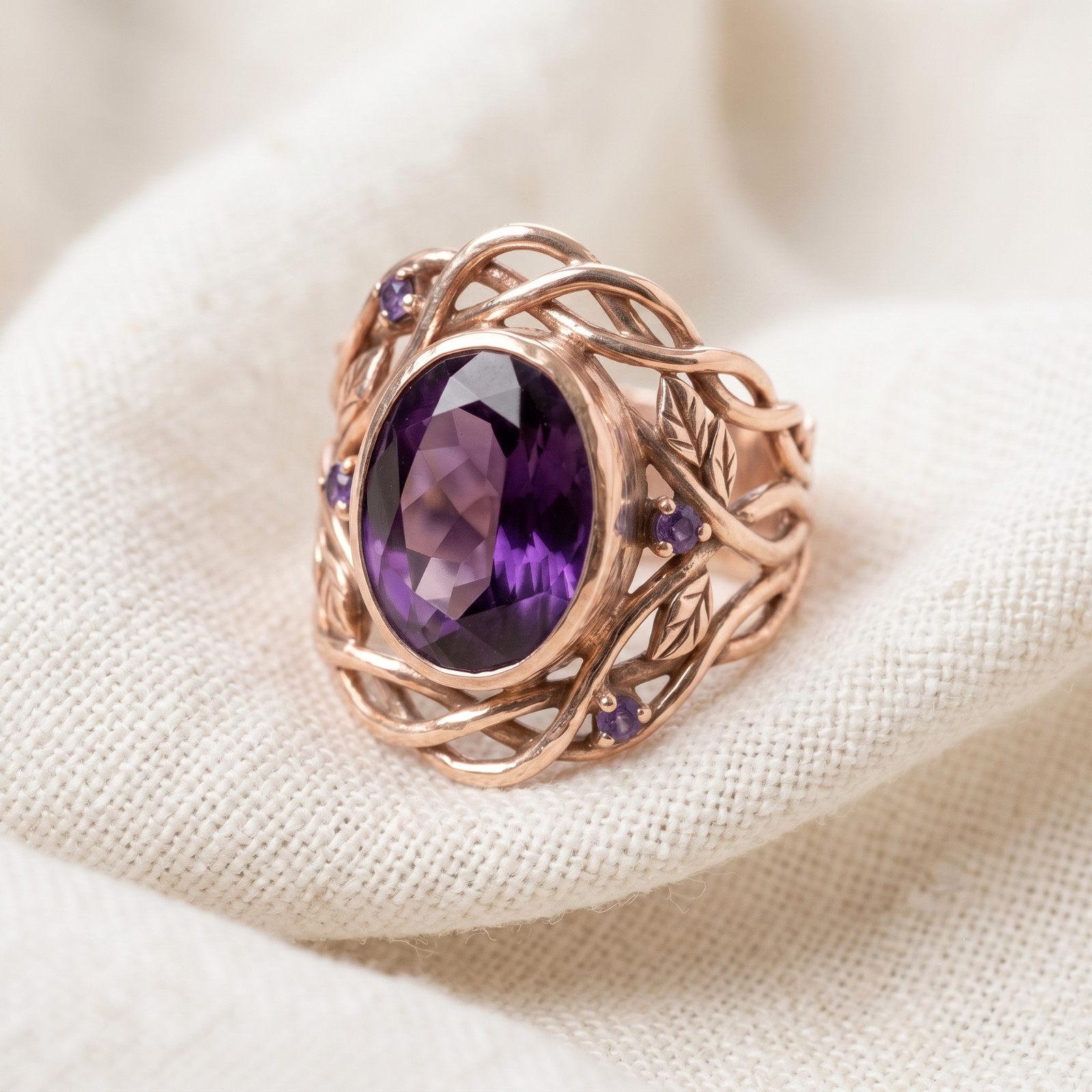 Oval Amethyst Ring, Nature Inspired Sterling Silver Leaf Band, Handmade Jewelry