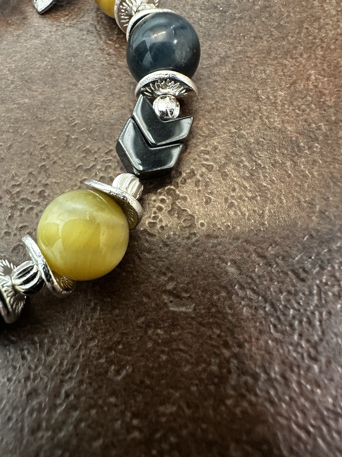 Elegant Silver and Yellow Mixed with Black Falcon’s Eye Beaded Bracelet