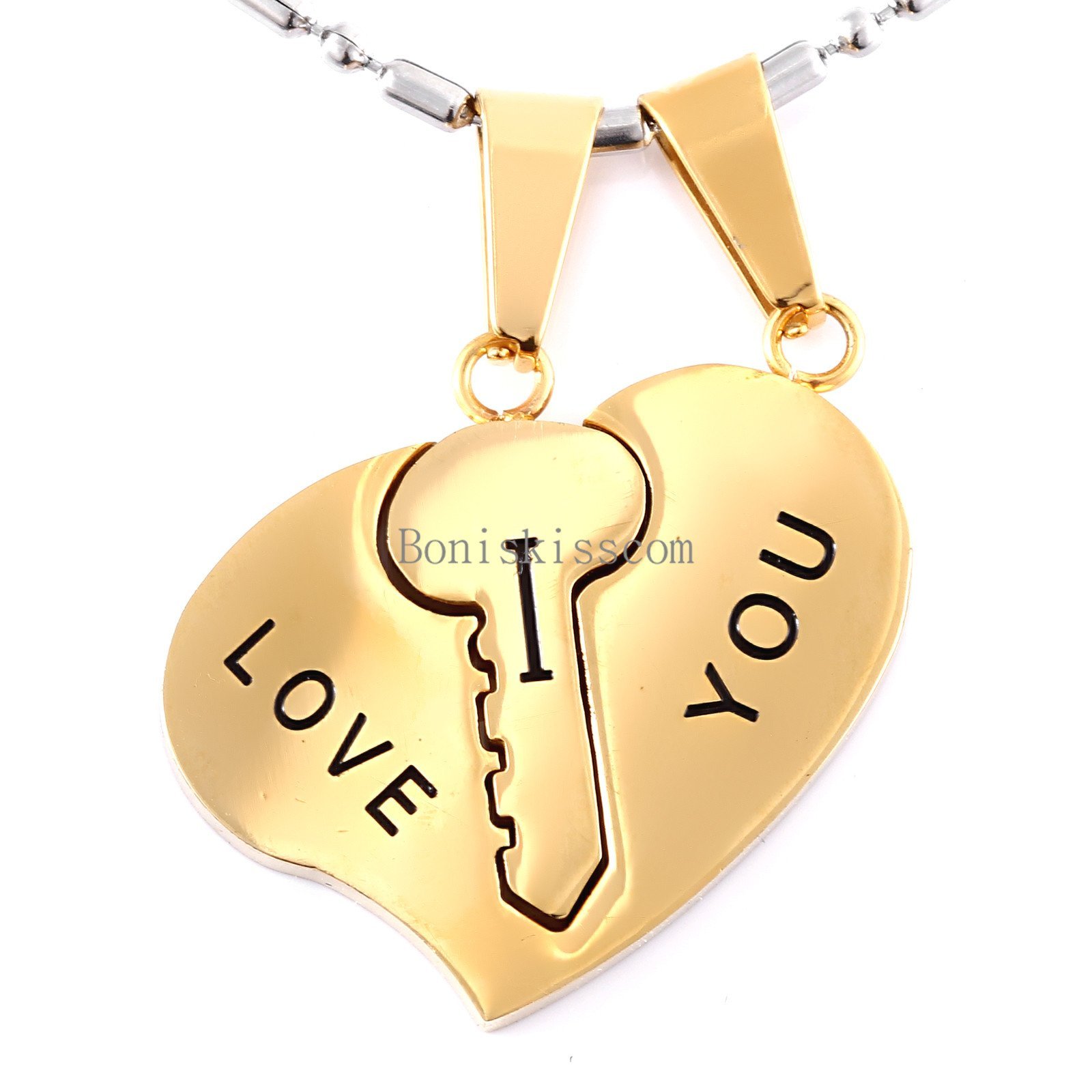 Stainless Steel Couples Key to Heart Pendants “I Love You” Love Necklace 1 Pair