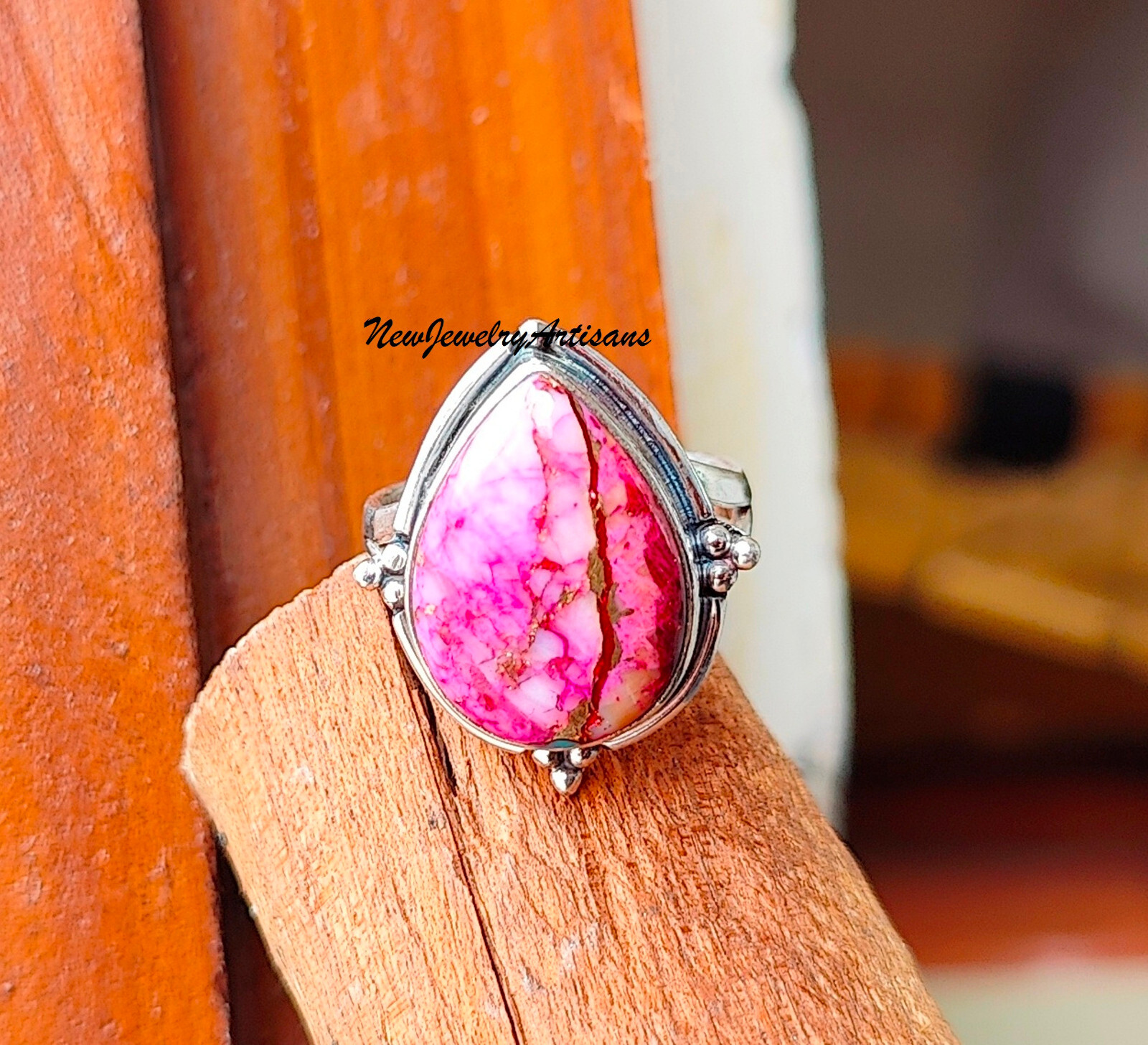 Pink Copper Turquoise Ring Handmade Jewelry 925 Silver All Size Ring