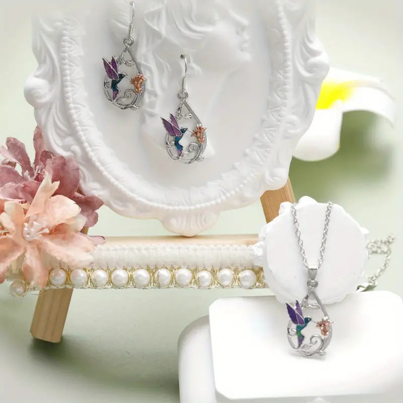 3 PCS Set Hummingbird Waterdrop Earrings Pendant Necklace Bird Flower Purple New